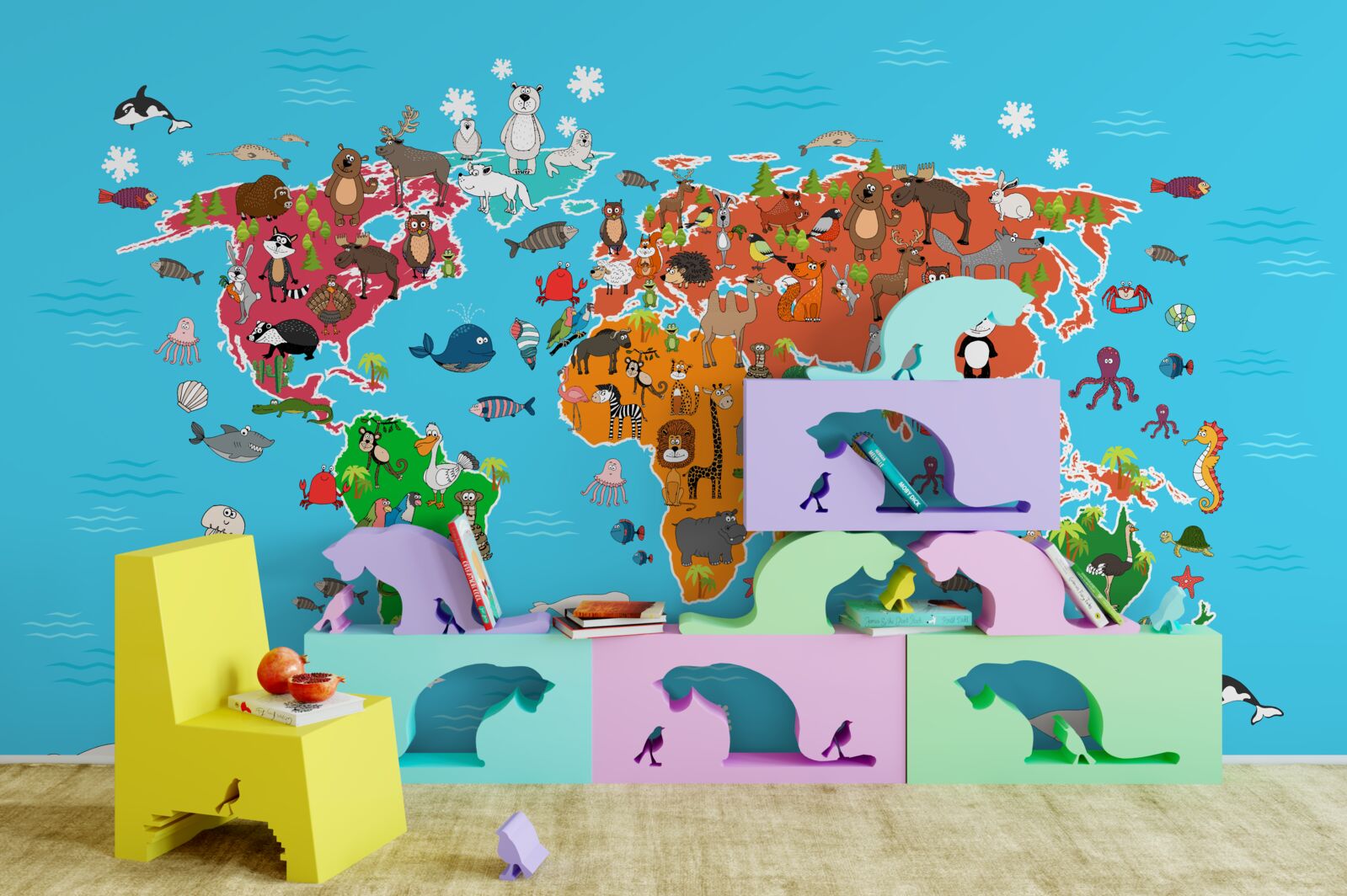 Fotobehang grote verscheidenheid aan dieren op een wereldkaart met levendige details