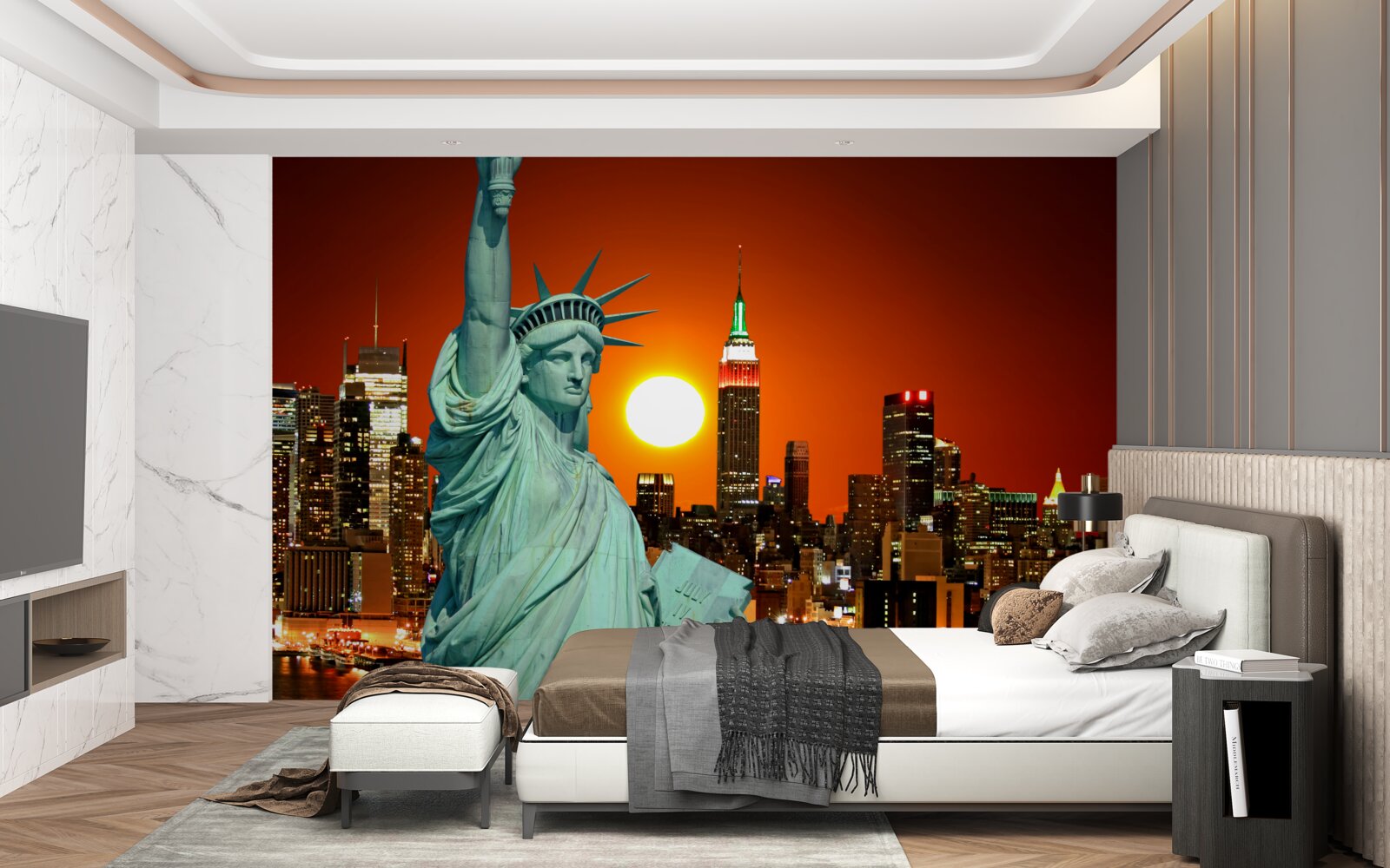 Fotobehang zonsondergang verlicht het vrijheidsbeeld