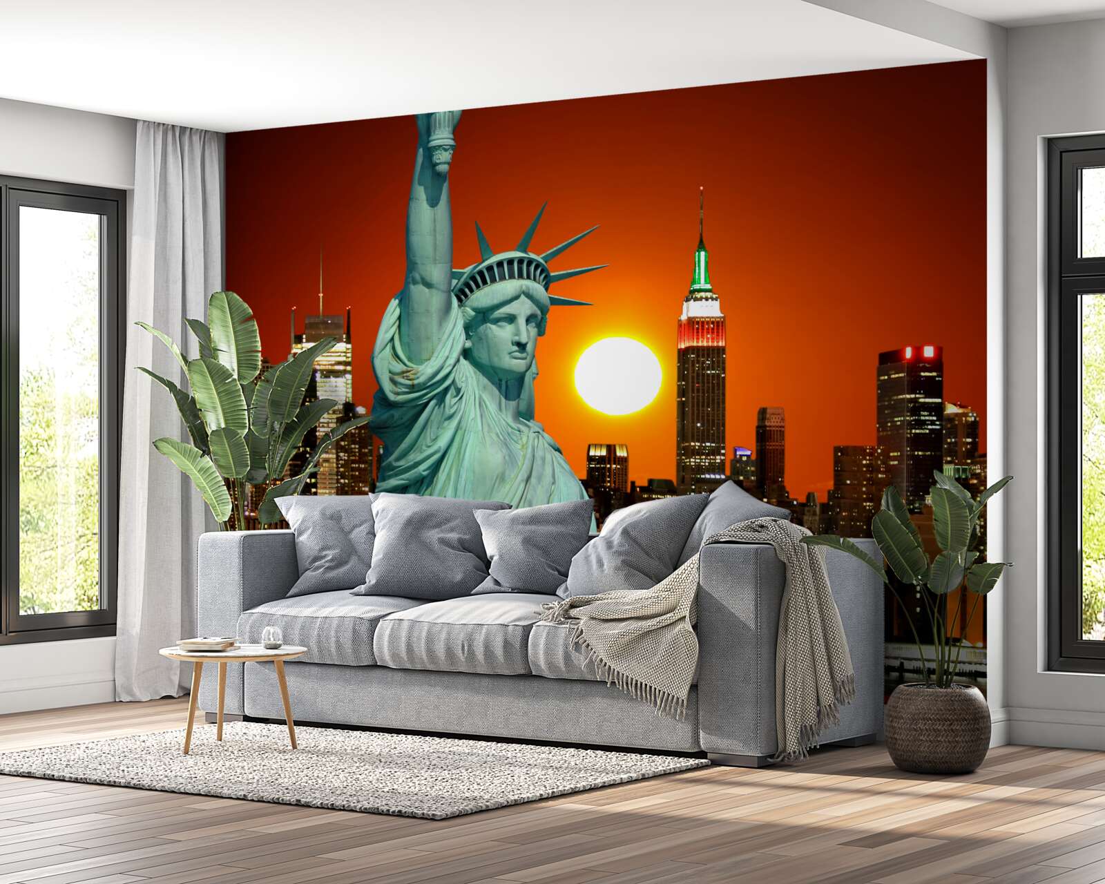 Fotobehang zonsondergang verlicht het vrijheidsbeeld