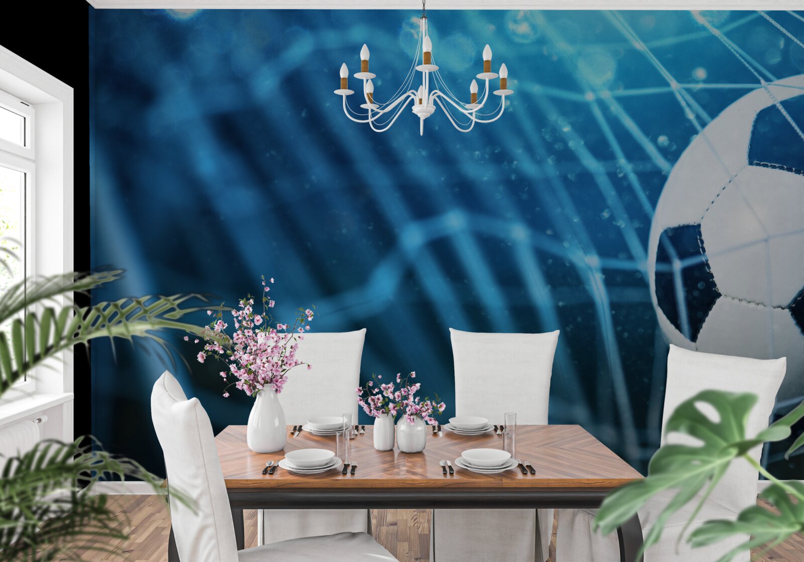 Fotobehang focus op de voetbal in het doel