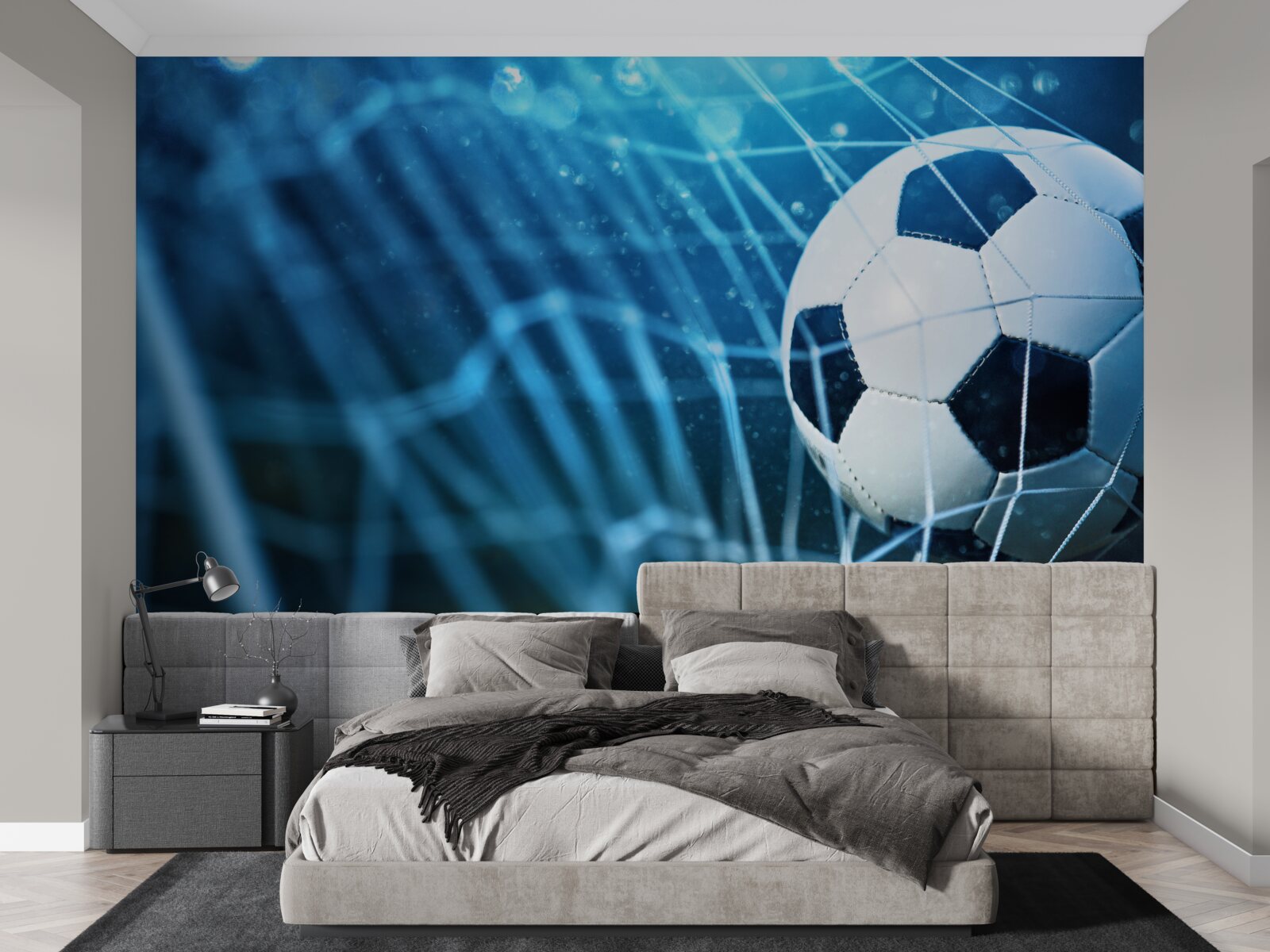 Fotobehang focus op de voetbal in het doel