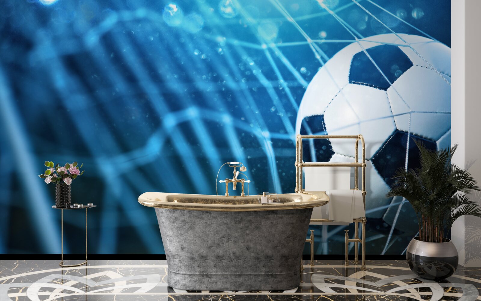 Fotobehang focus op de voetbal in het doel