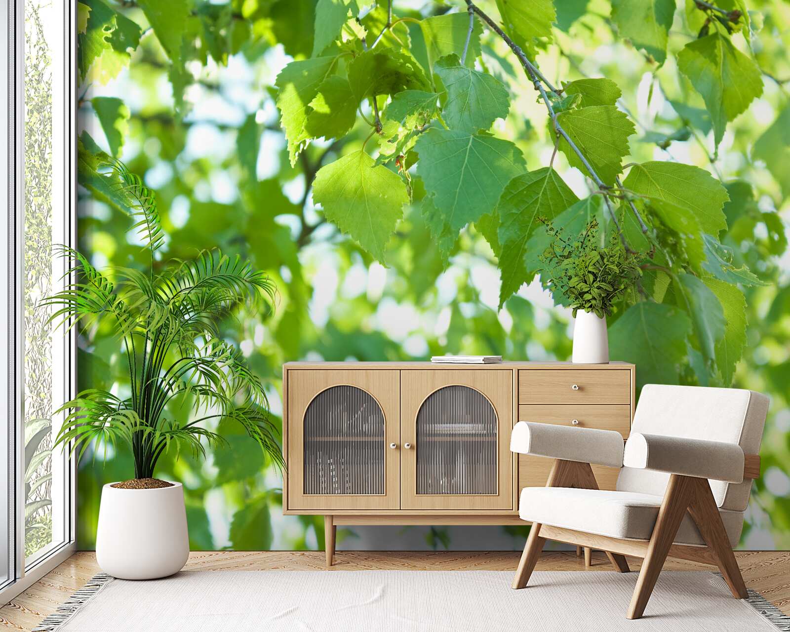 Fotobehang berkenbladeren tegen een blauwe lucht