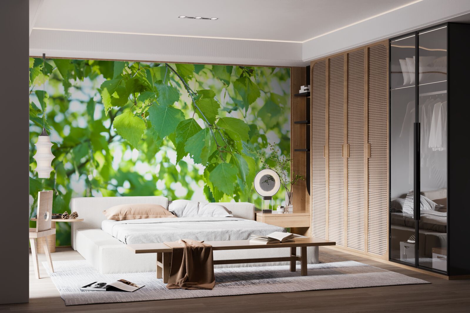 Fotobehang berkenbladeren tegen een blauwe lucht