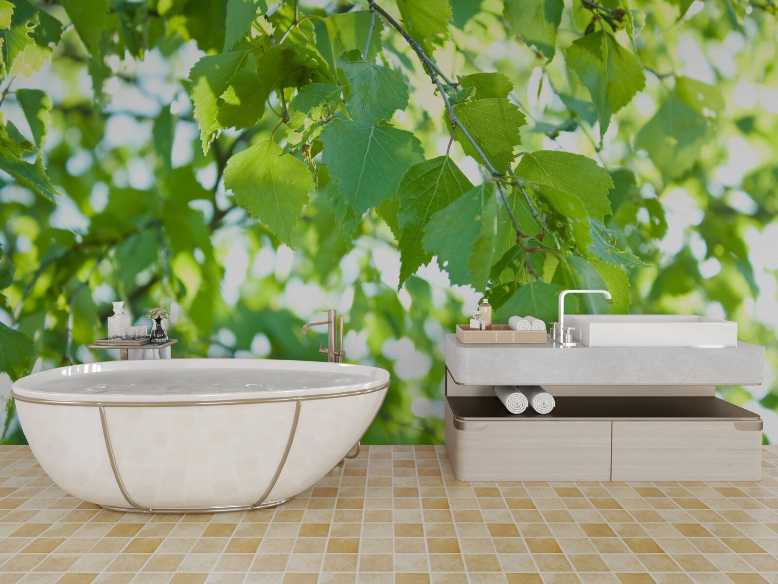 Fotobehang berkenbladeren tegen een blauwe lucht