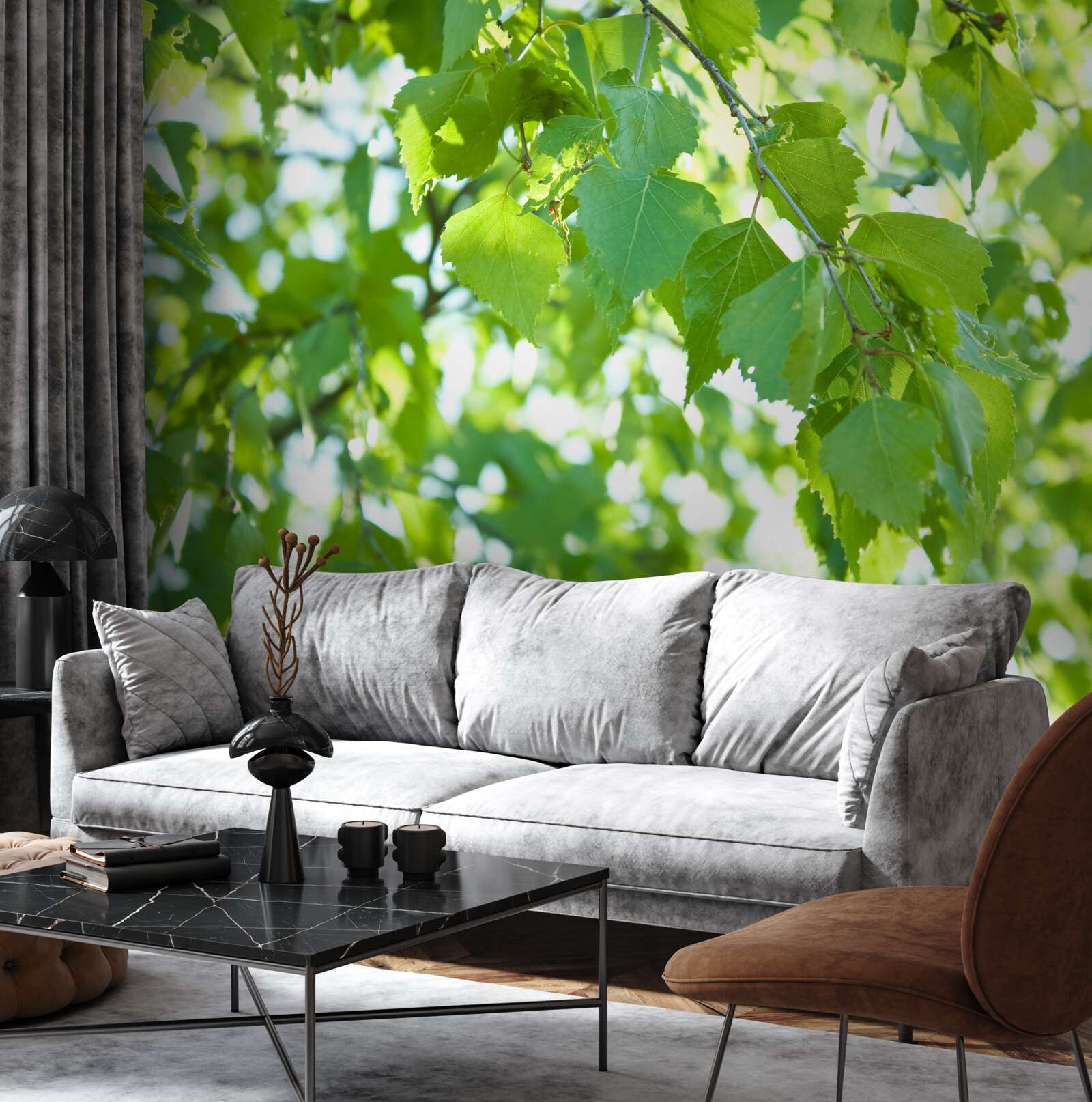 Fotobehang berkenbladeren tegen een blauwe lucht