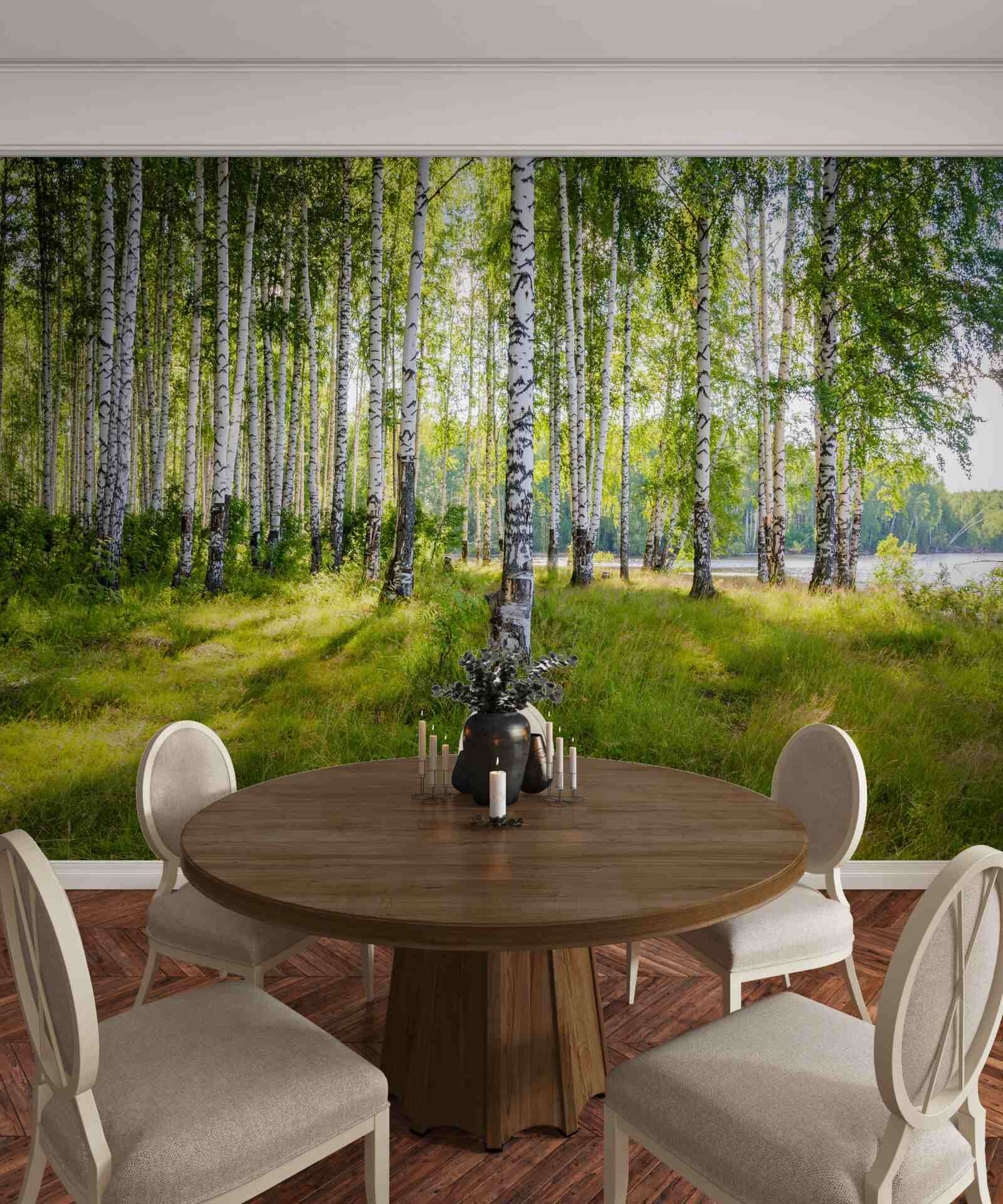 Fotobehang Dageraad in het groene berkenbosje