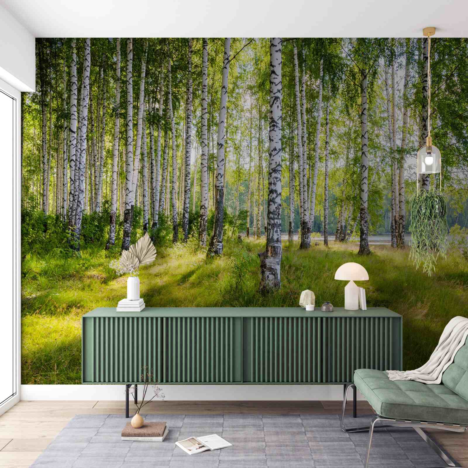 Fotobehang Dageraad in het groene berkenbosje