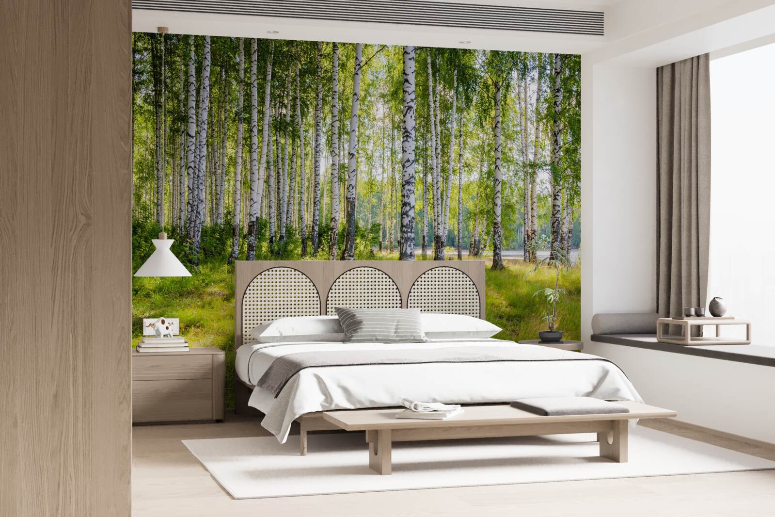 Fotobehang Dageraad in het groene berkenbosje