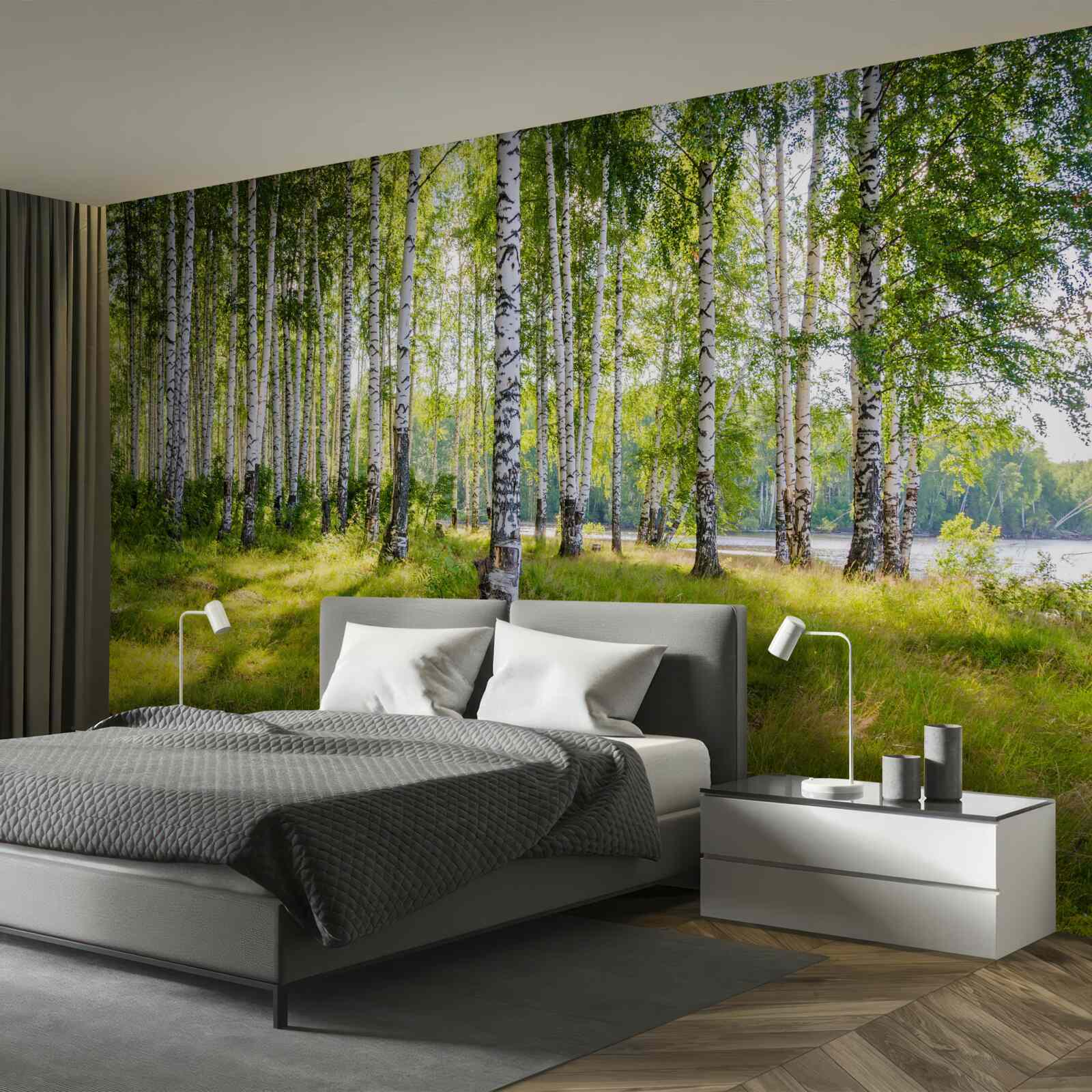 Fotobehang Dageraad in het groene berkenbosje