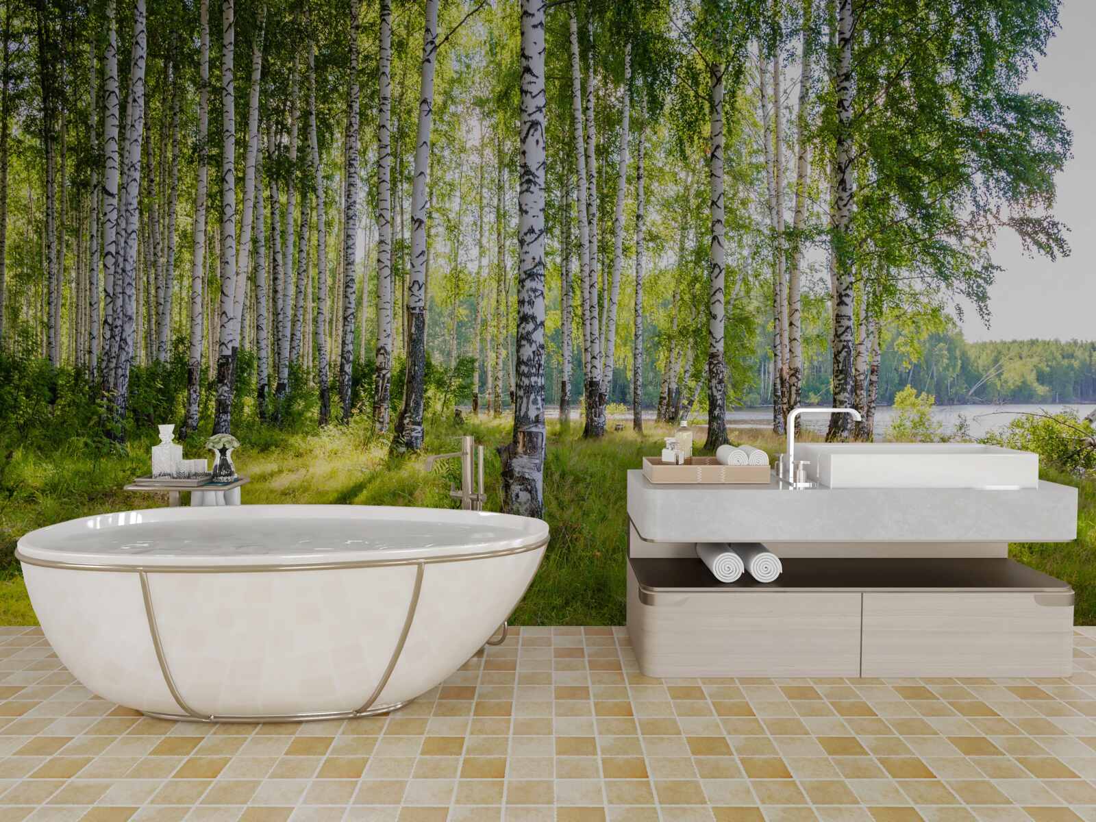 Fotobehang Dageraad in het groene berkenbosje