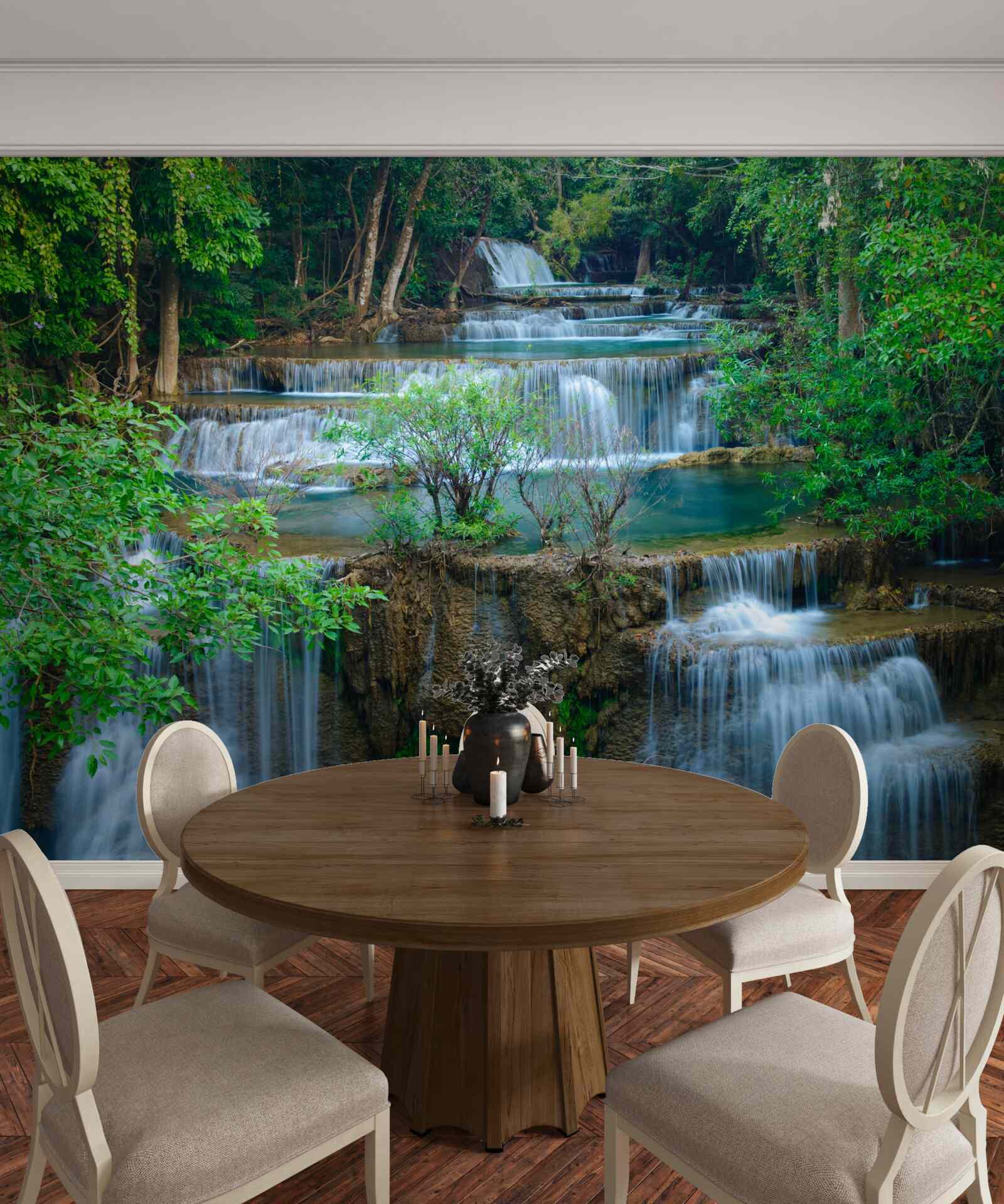 Fotobehang watervallen die majestueus in beken in het bos vallen vormen een cascade