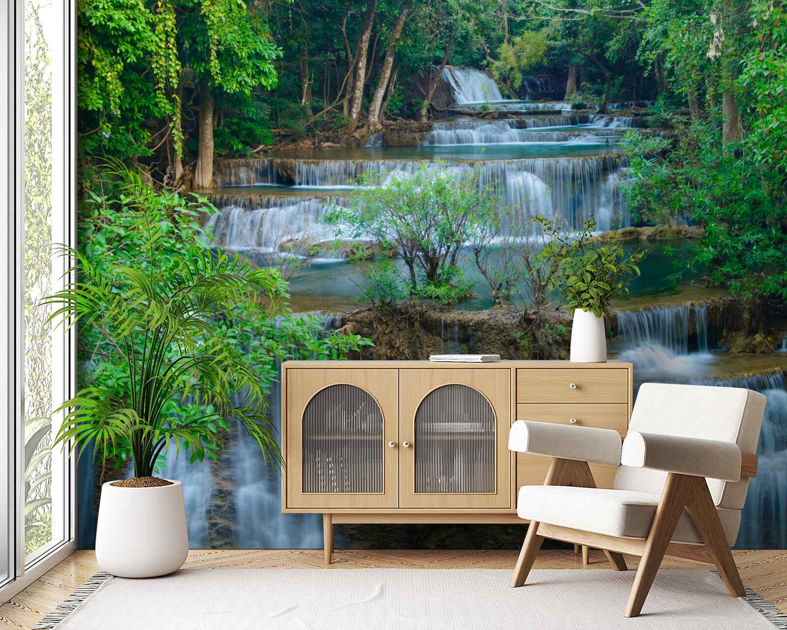 Fotobehang watervallen die majestueus in beken in het bos vallen vormen een cascade