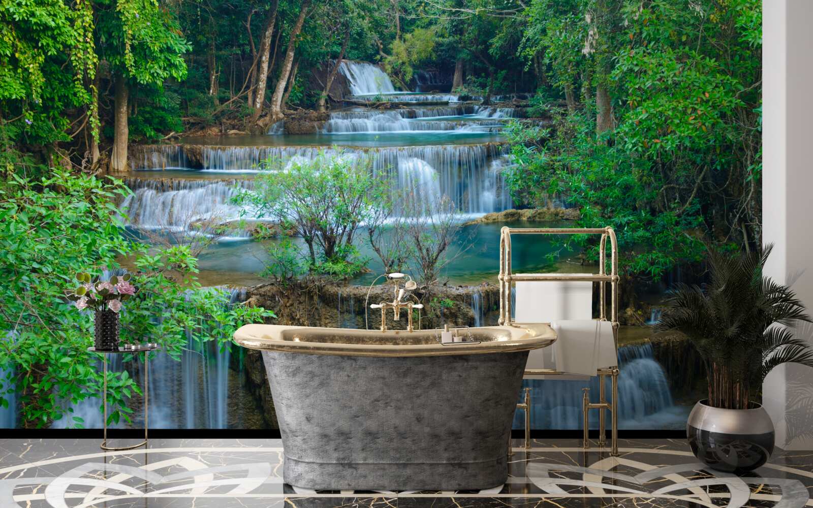 Fotobehang watervallen die majestueus in beken in het bos vallen vormen een cascade