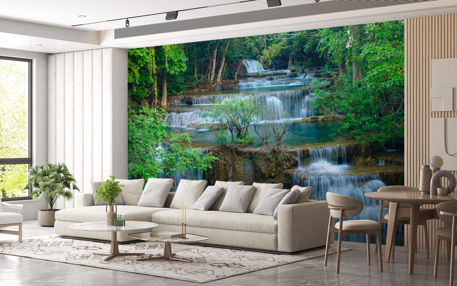 Fotobehang watervallen die majestueus in beken in het bos vallen vormen een cascade