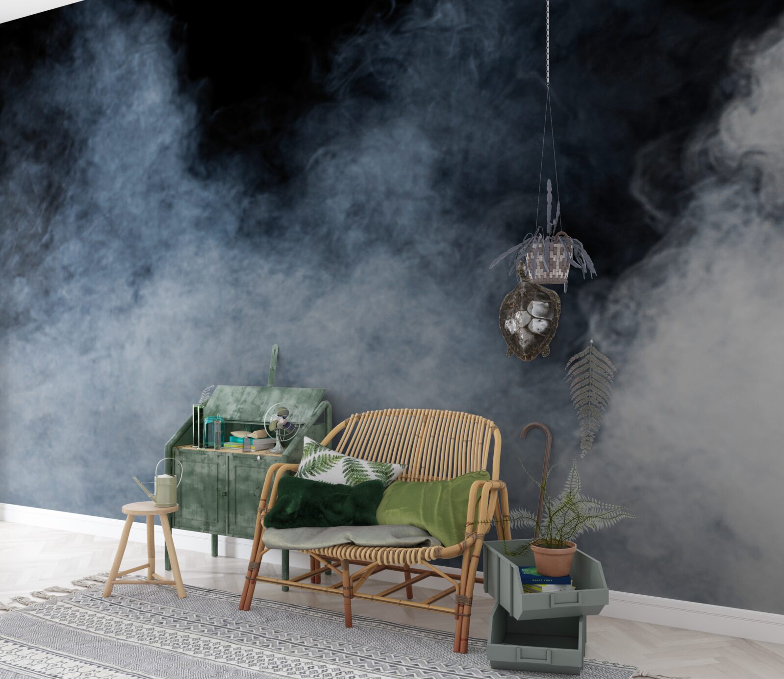 Fotobehang een dichte mist bedekte het nachtbos