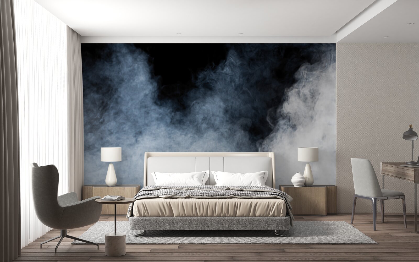 Fotobehang een dichte mist bedekte het nachtbos