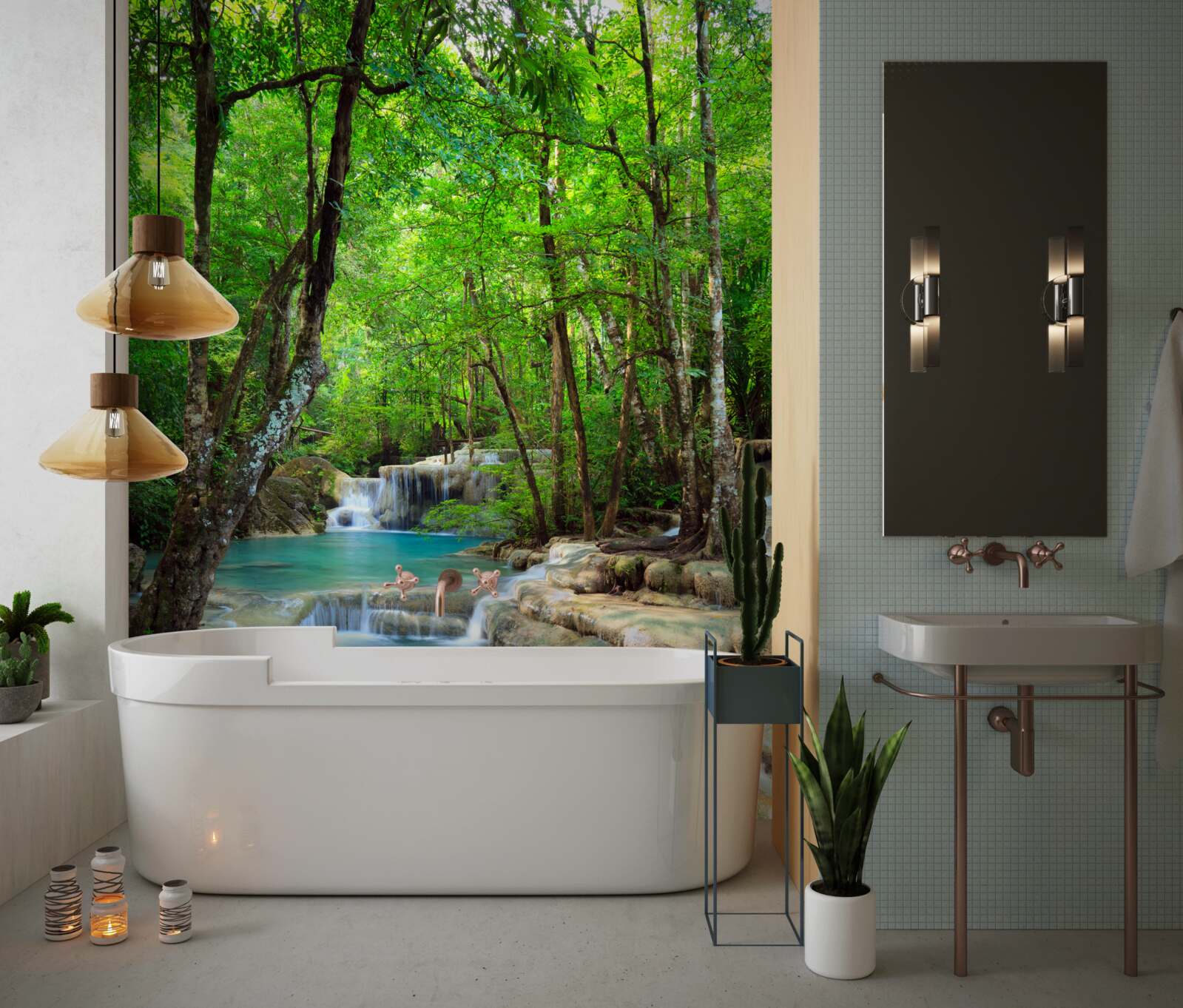 Fotobehang waterval met stromen kristalhelder water die naar beneden storten