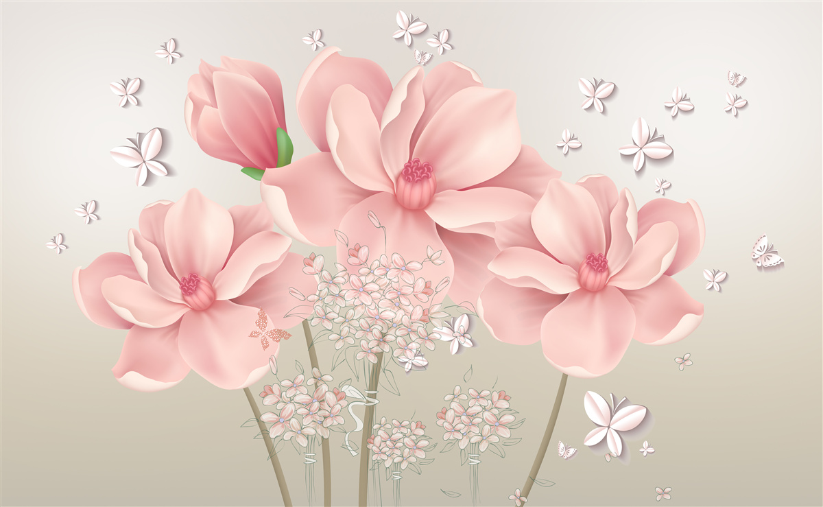 Fotobehang witte vlinders en roze bloemen