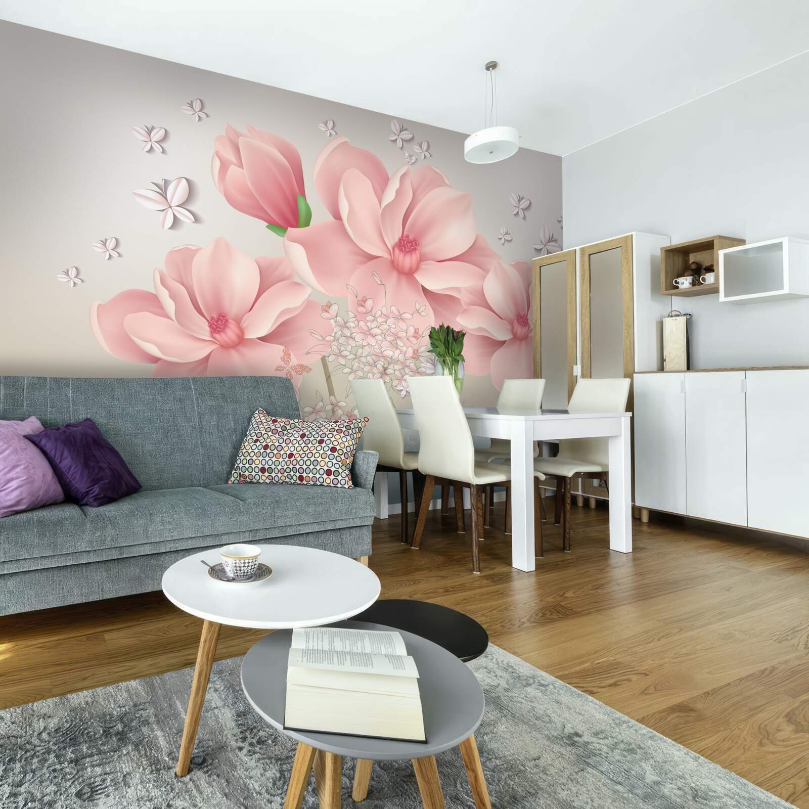 Fotobehang witte vlinders en roze bloemen