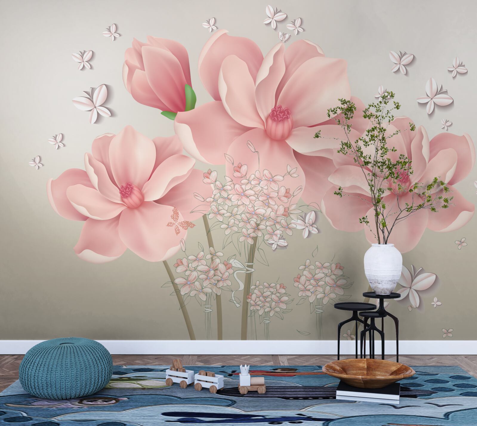 Fotobehang witte vlinders en roze bloemen