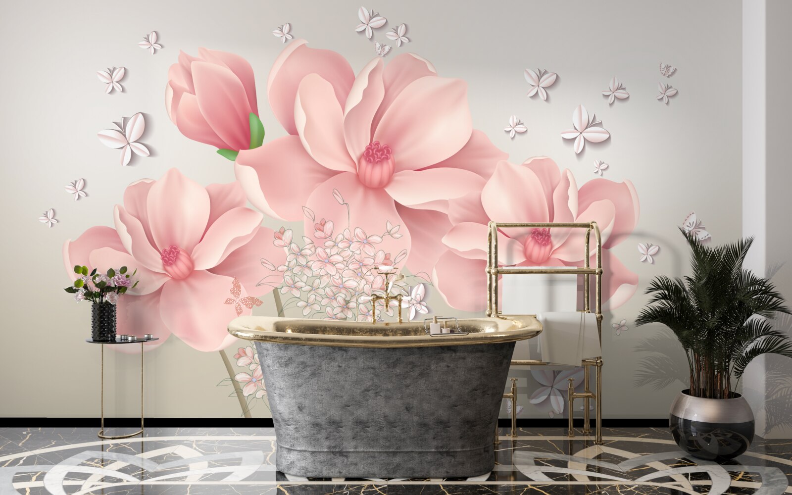 Fotobehang witte vlinders en roze bloemen