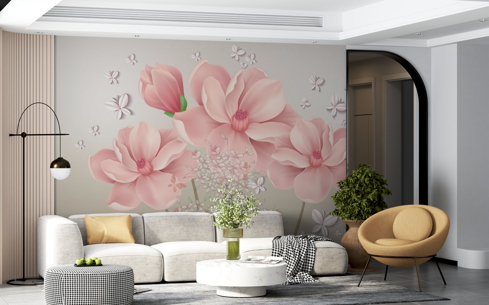 Fotobehang witte vlinders en roze bloemen