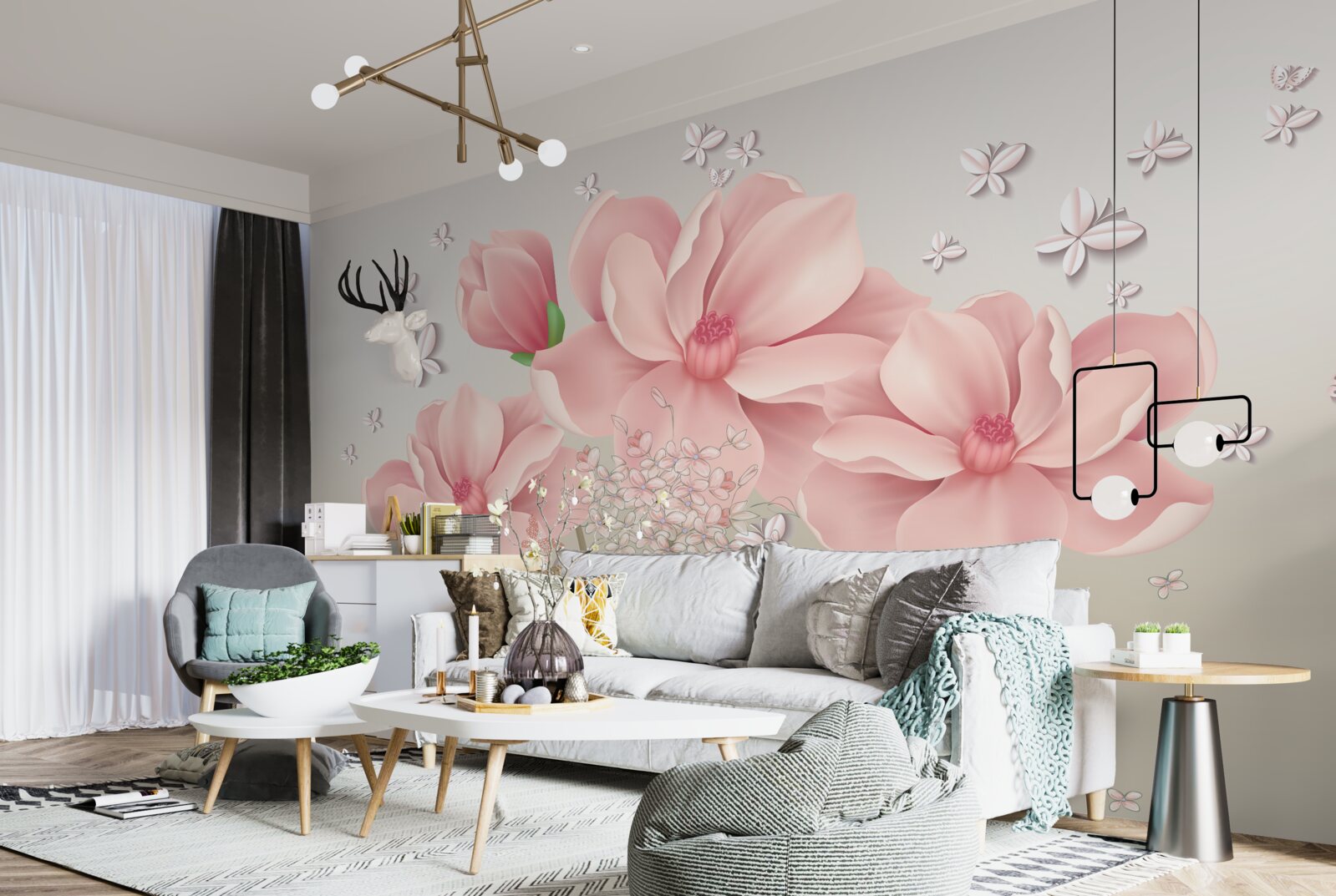 Fotobehang witte vlinders en roze bloemen