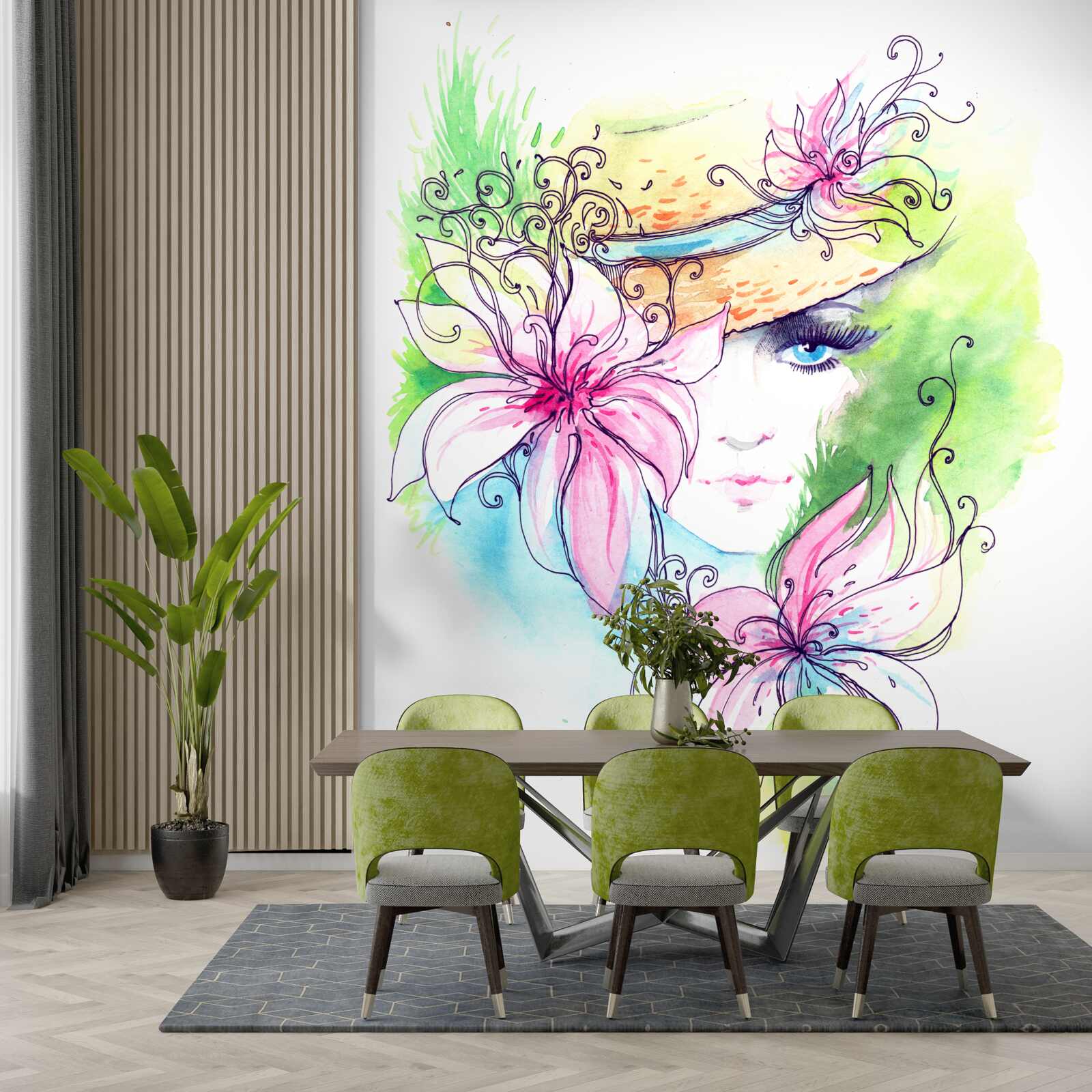 Fotobehang portret van een meisje en bloemen afgebeeld op het schilderij