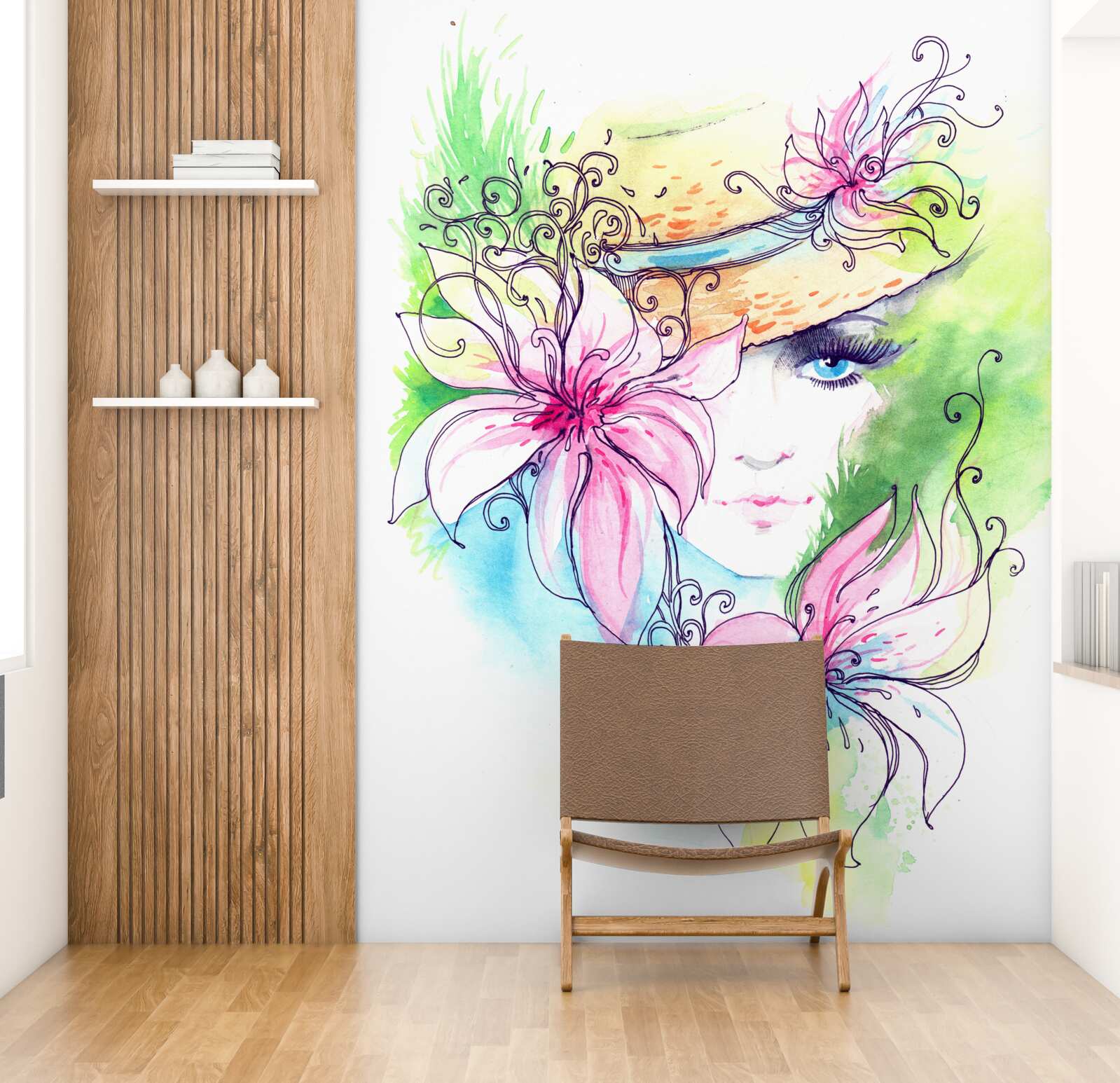 Fotobehang portret van een meisje en bloemen afgebeeld op het schilderij