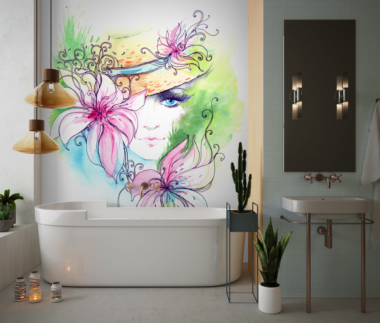 Fotobehang portret van een meisje en bloemen afgebeeld op het schilderij