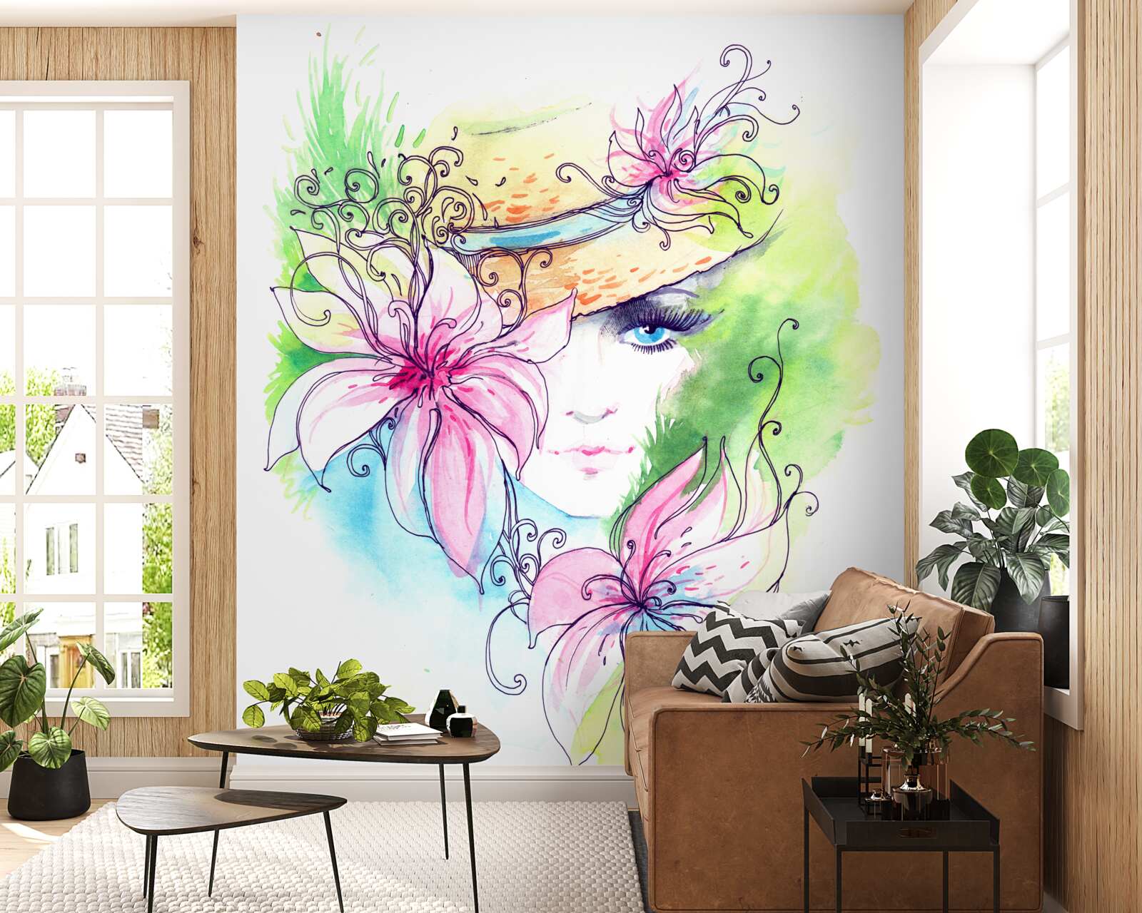 Fotobehang portret van een meisje en bloemen afgebeeld op het schilderij