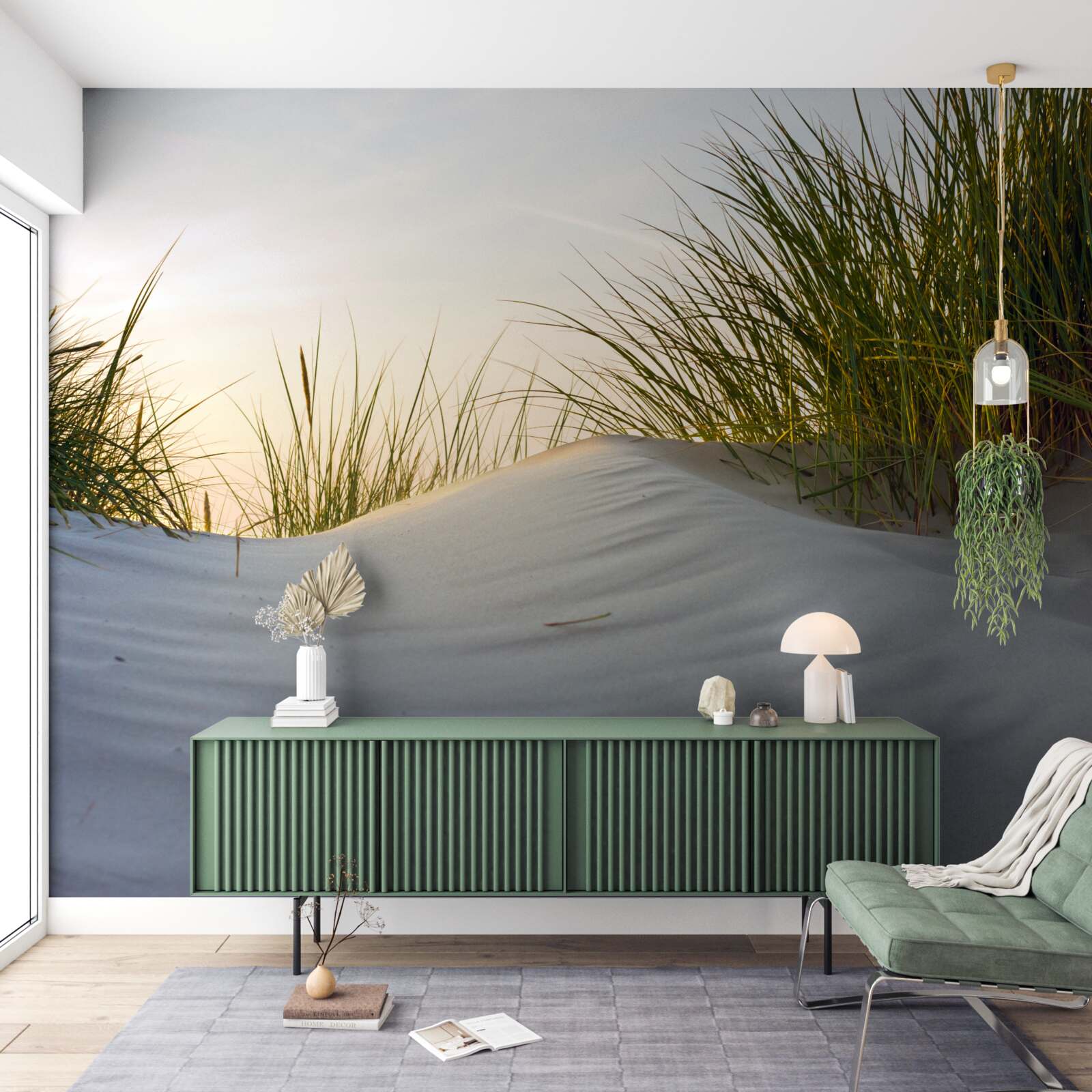 Fotobehang strandzand omringd door groen bij zonsopgang