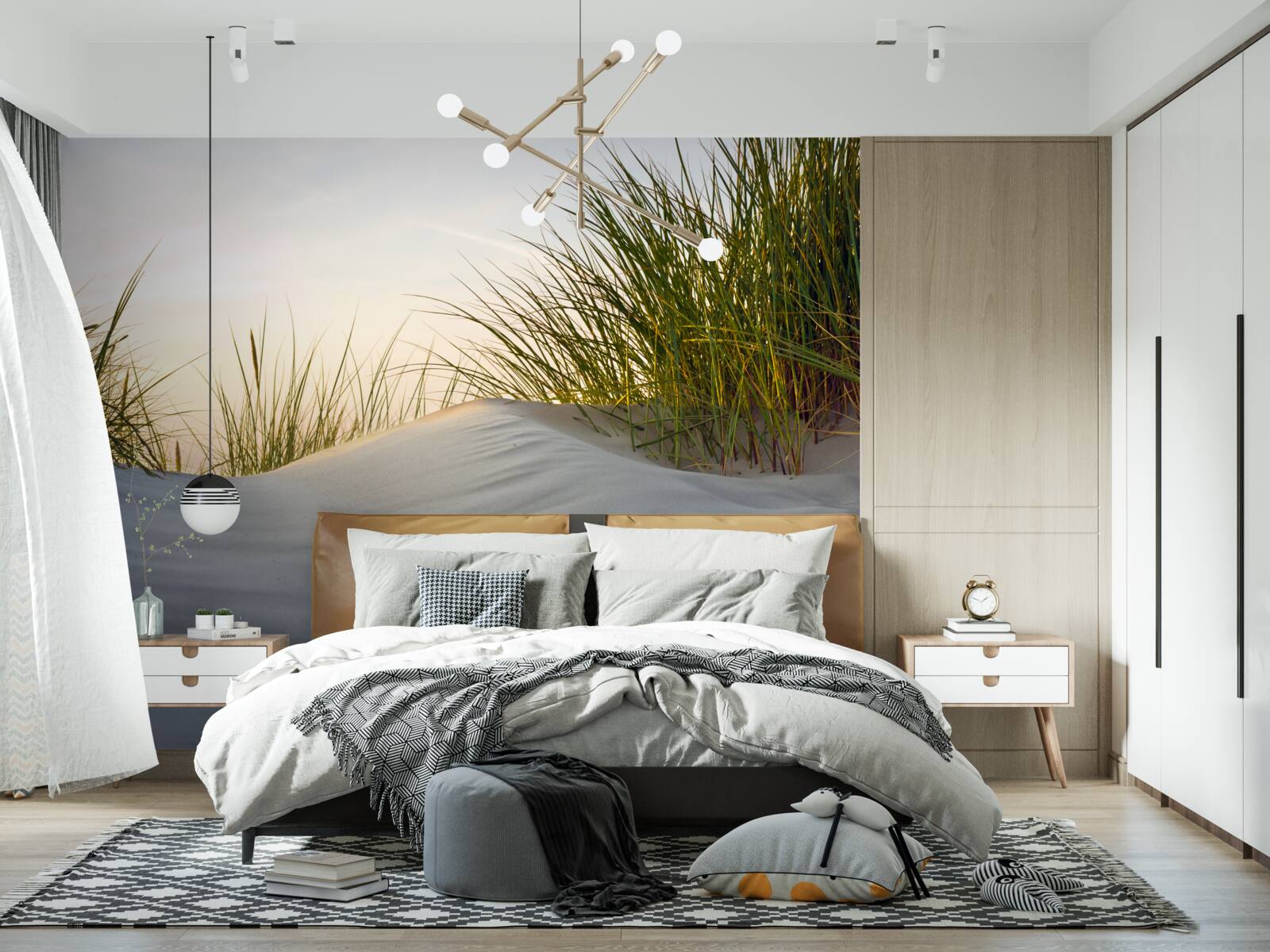 Fotobehang strandzand omringd door groen bij zonsopgang