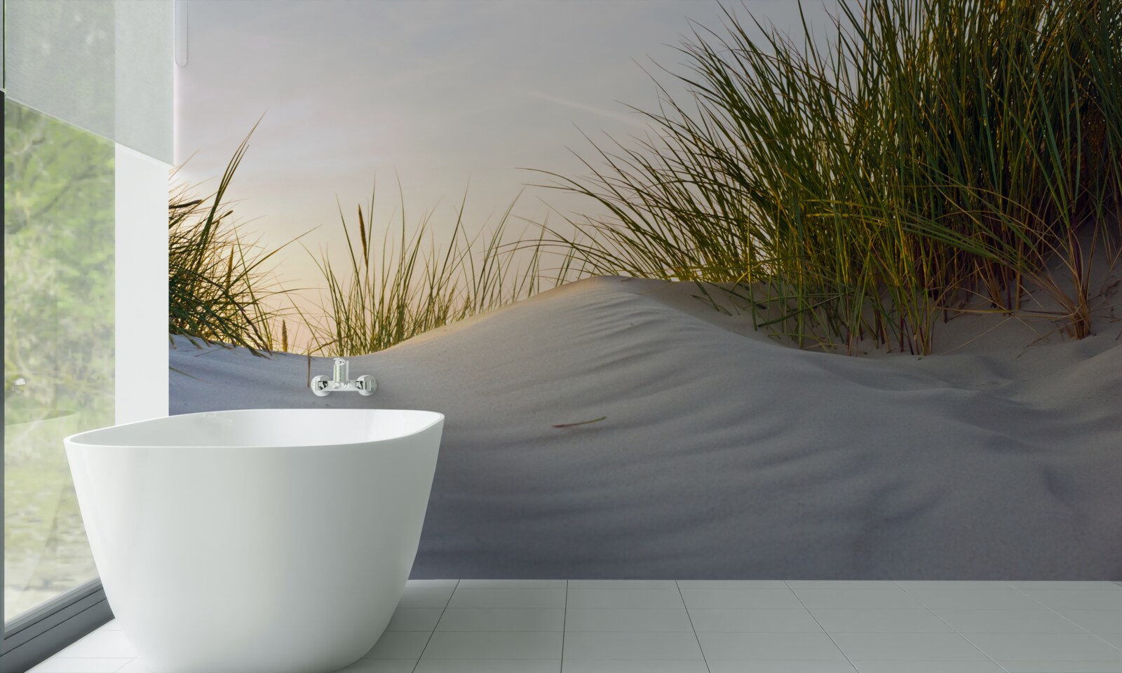 Fotobehang strandzand omringd door groen bij zonsopgang