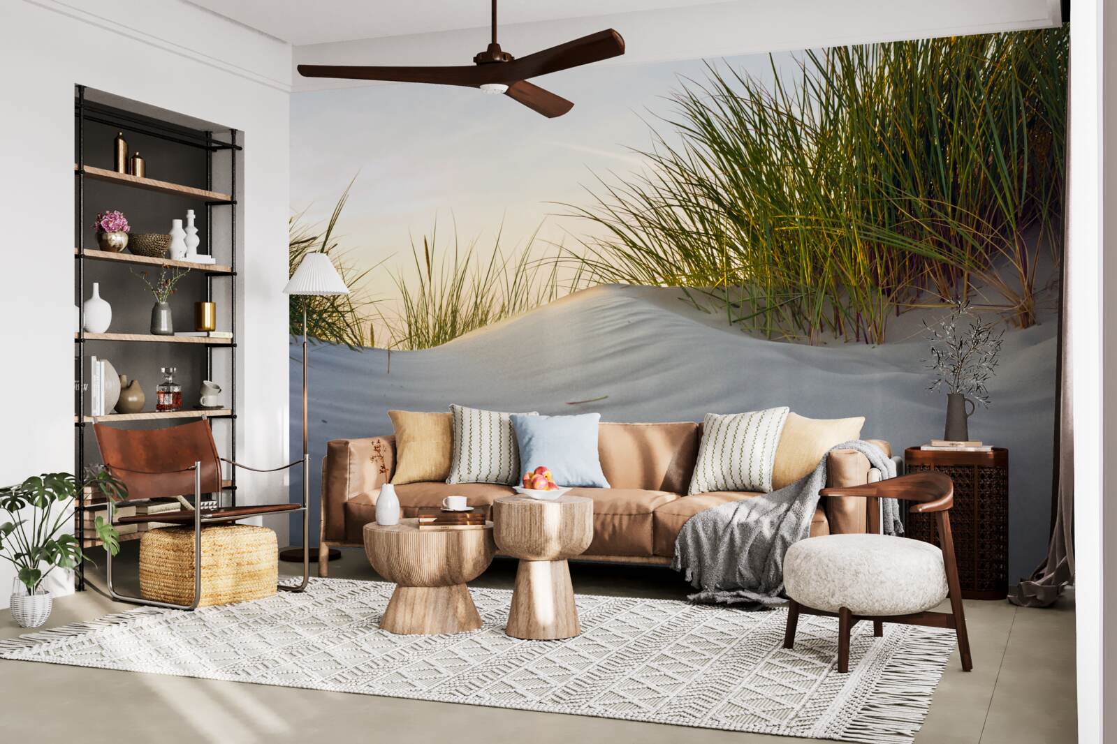 Fotobehang strandzand omringd door groen bij zonsopgang