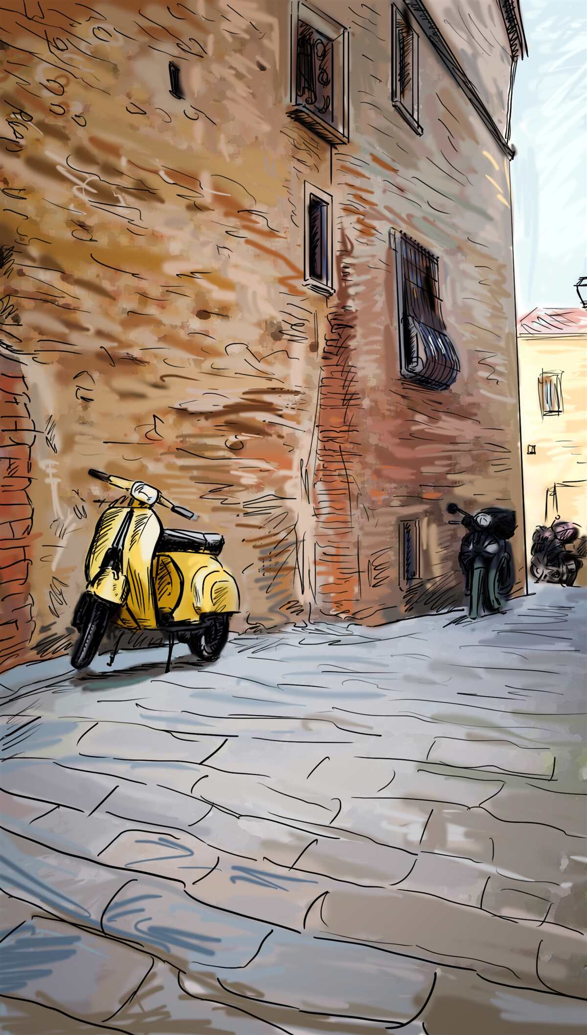 Fotobehang oude geplaveide straat en scooter