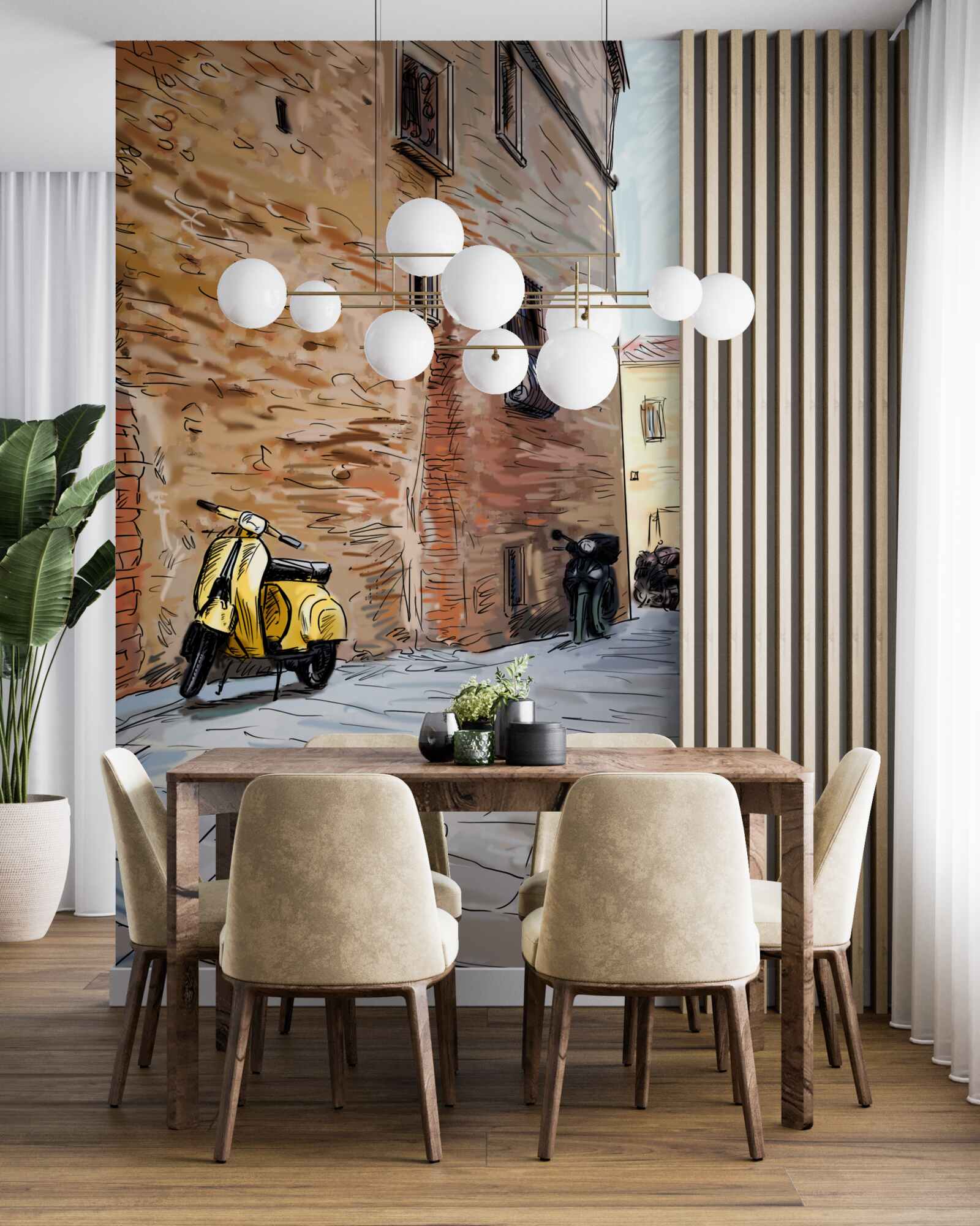 Fotobehang oude geplaveide straat en scooter