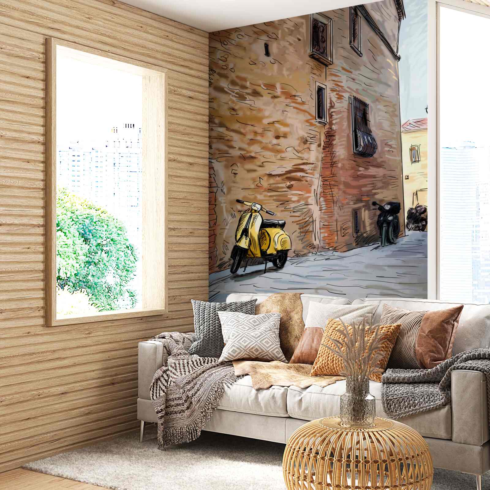 Fotobehang oude geplaveide straat en scooter