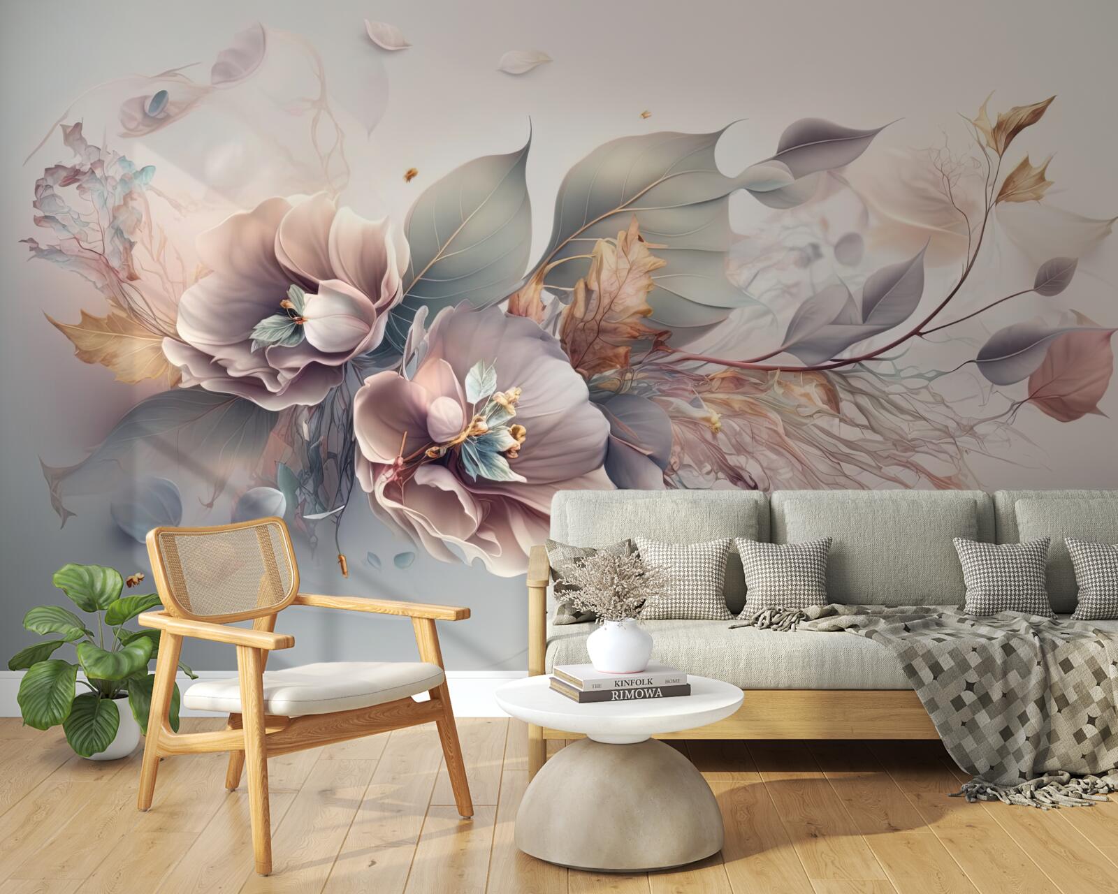 Fotobehang kleurrijke bloesemtak op lichte achtergrond