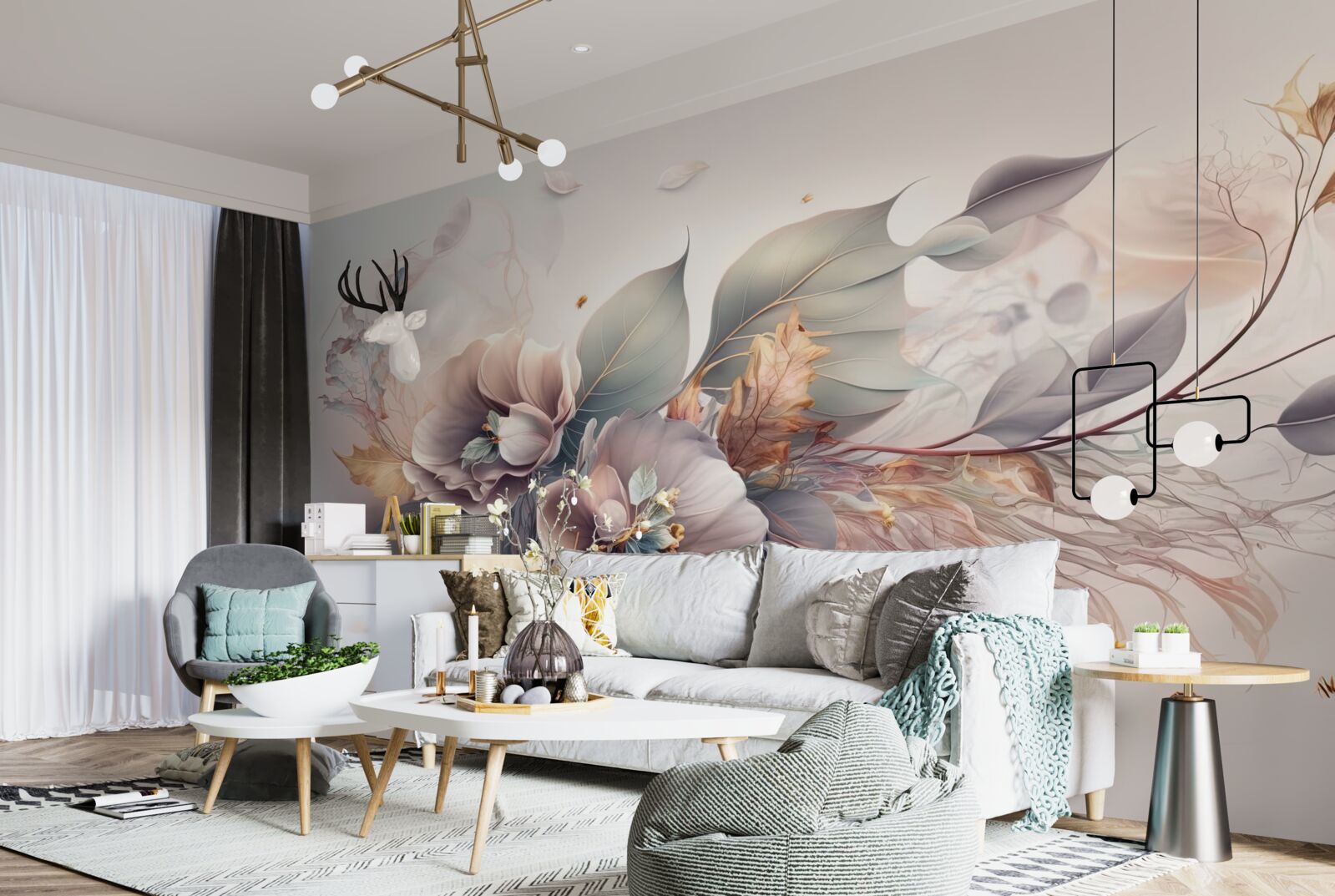 Fotobehang kleurrijke bloesemtak op lichte achtergrond