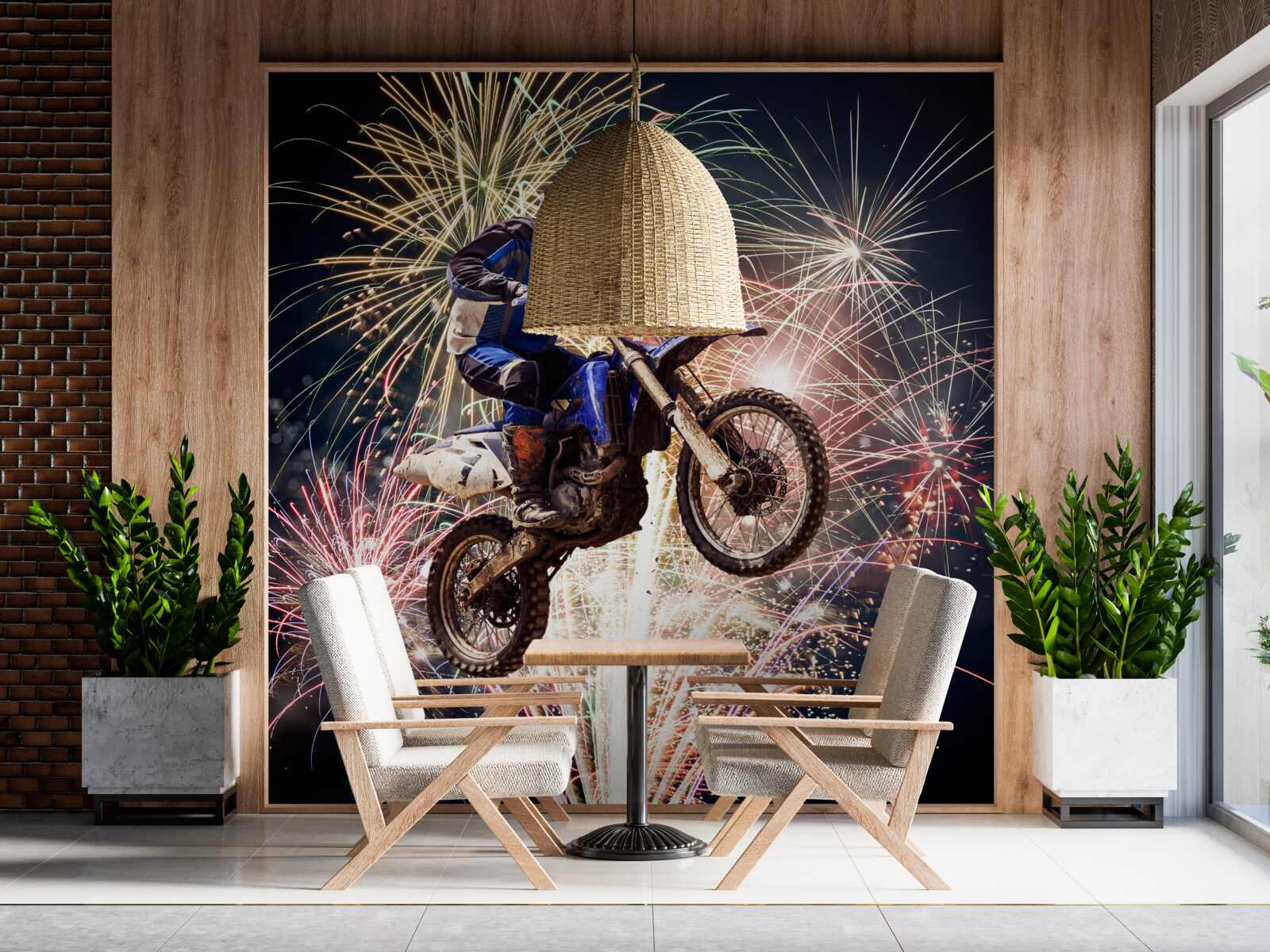 Fotobehang fietser achterop een vuurwerk