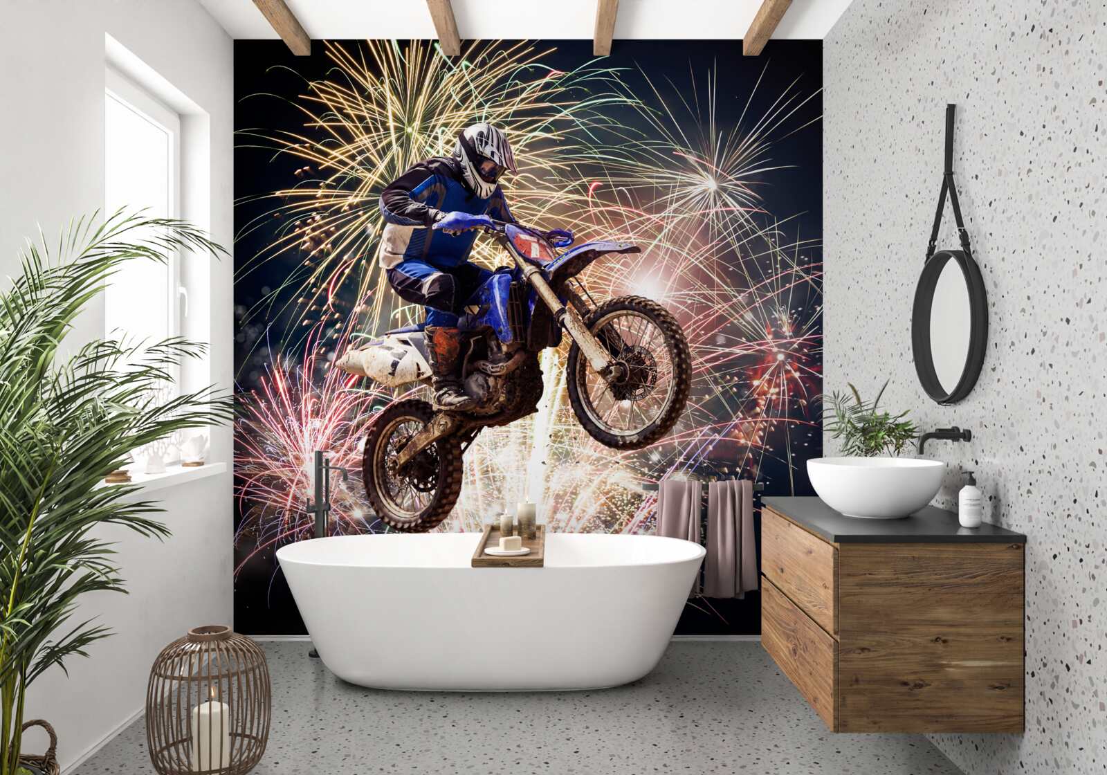 Fotobehang fietser achterop een vuurwerk