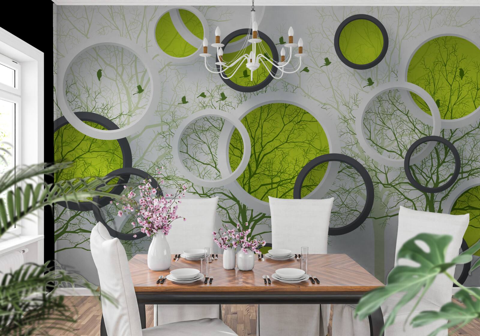 Fotobehang abstracte cirkels gevuld met bomen