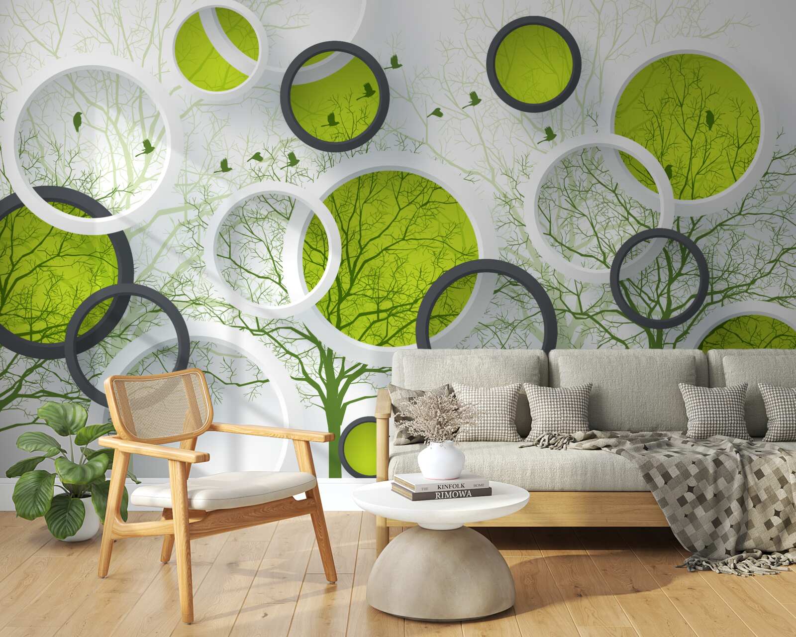 Fotobehang abstracte cirkels gevuld met bomen