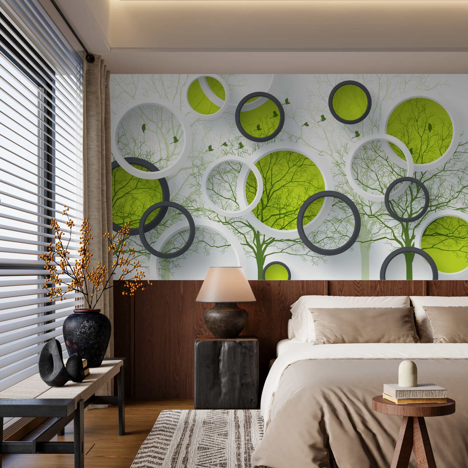 Fotobehang abstracte cirkels gevuld met bomen