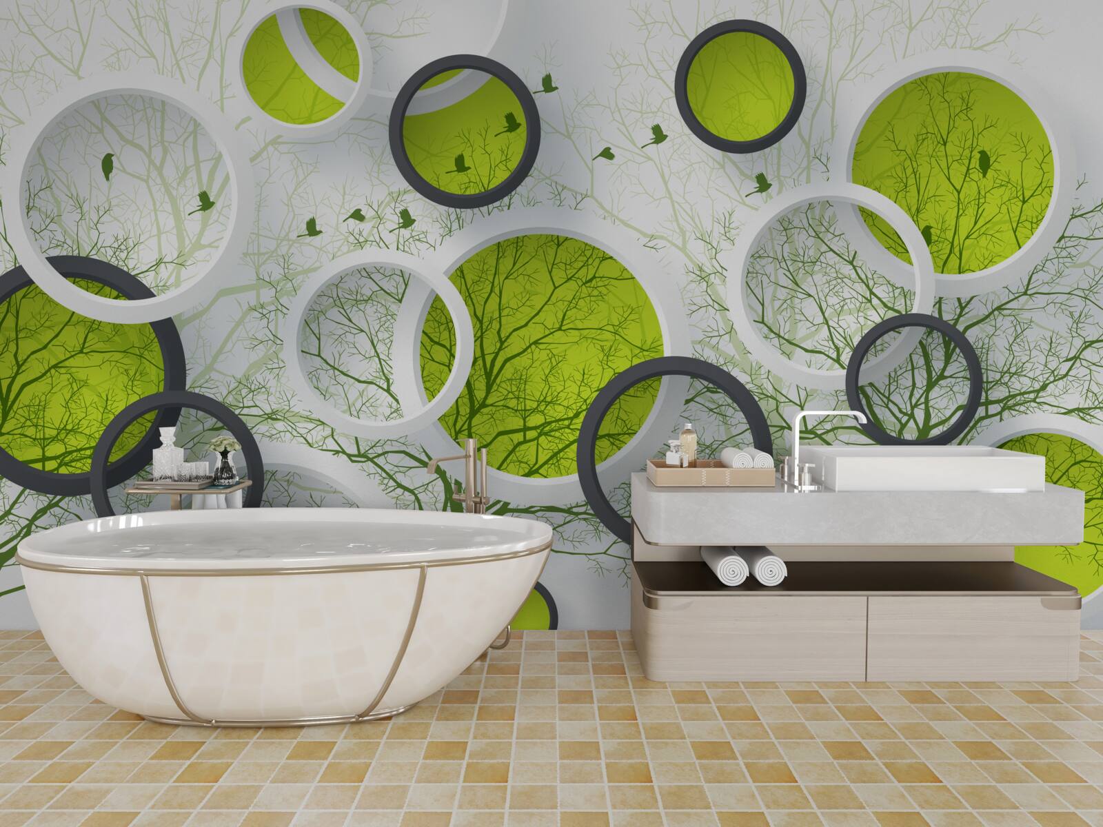 Fotobehang abstracte cirkels gevuld met bomen