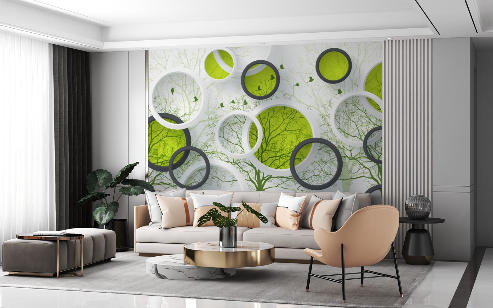 Fotobehang abstracte cirkels gevuld met bomen