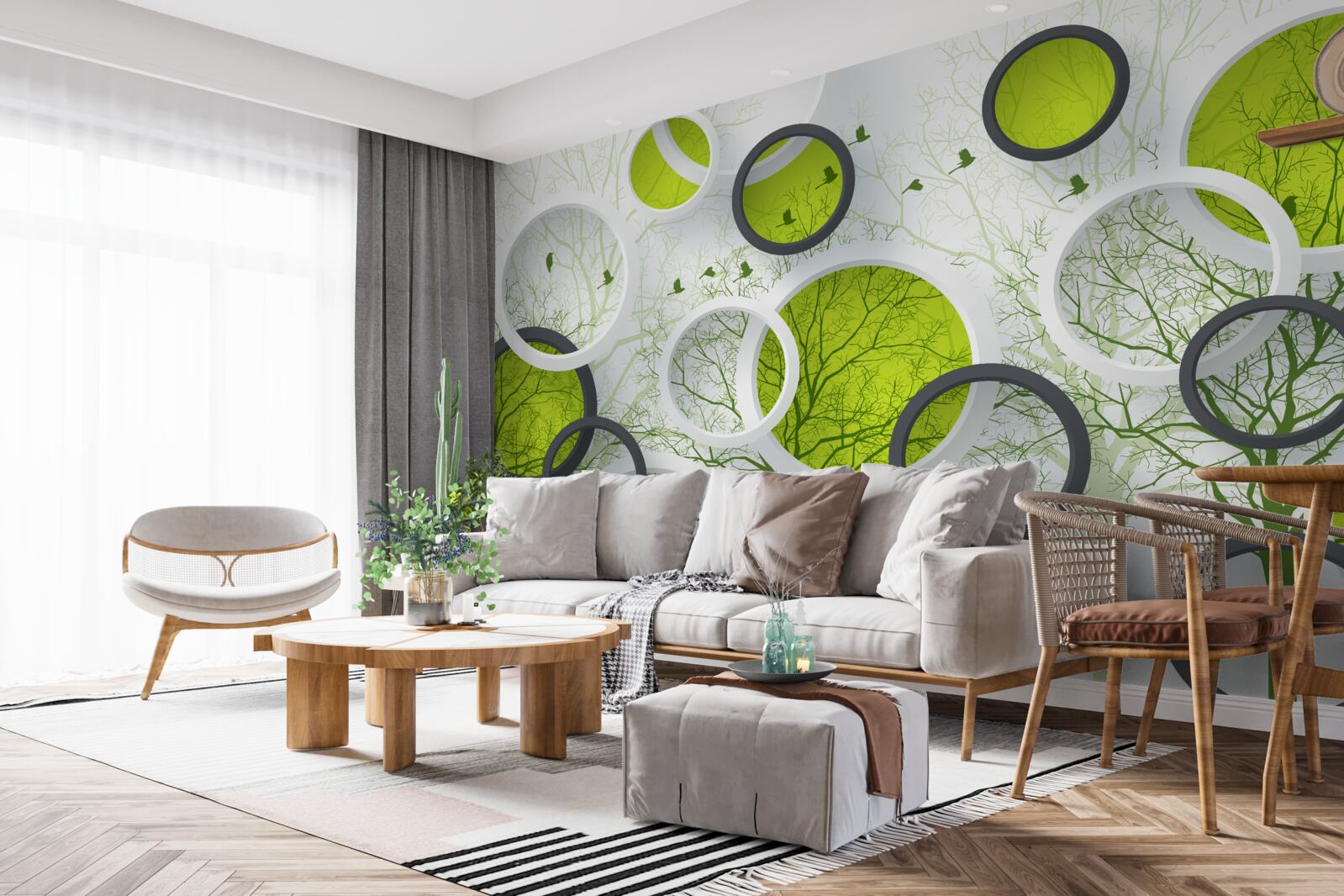 Fotobehang abstracte cirkels gevuld met bomen