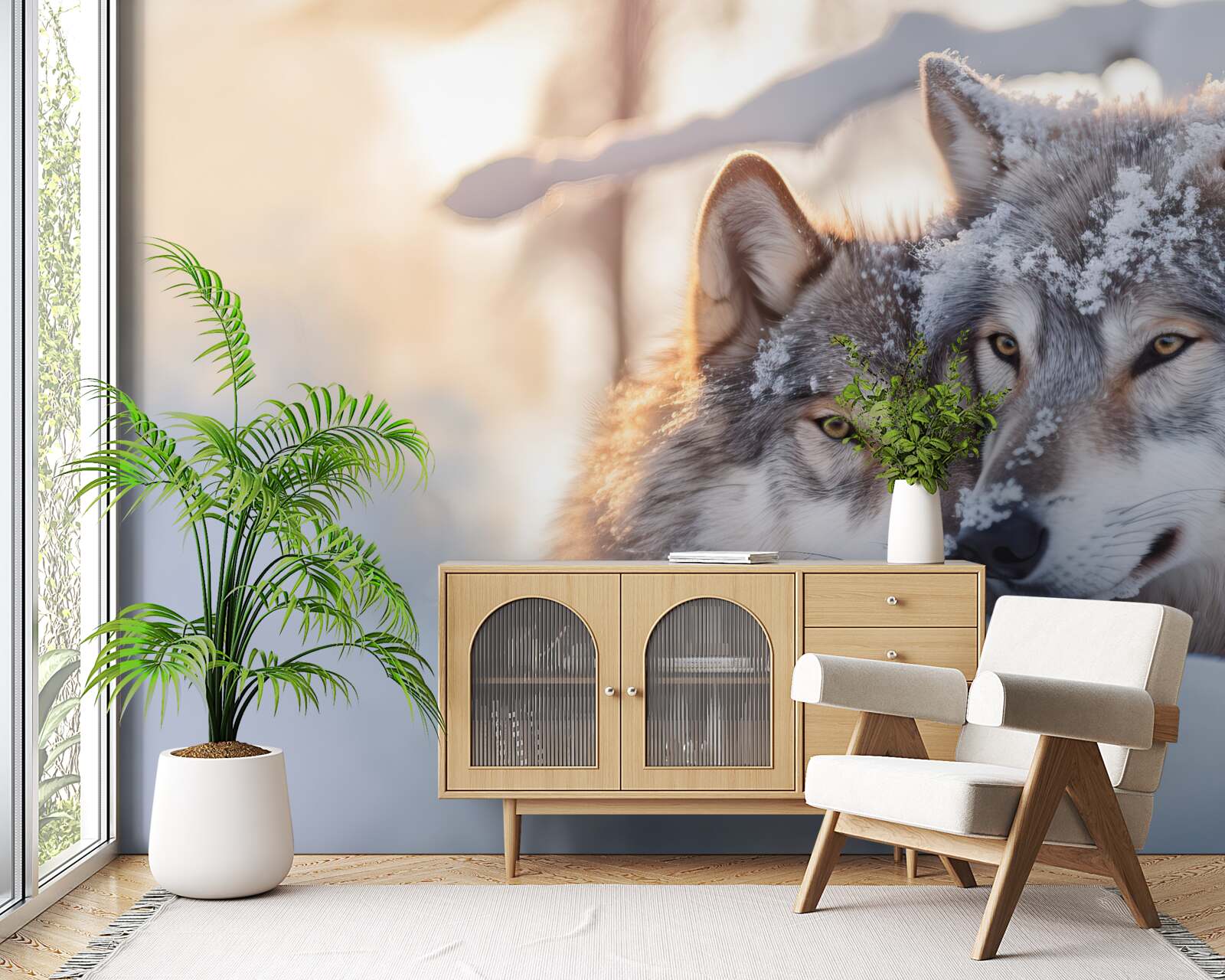 Fotobehang Sneeuwwitte landschappen met grijze wolven in het midden